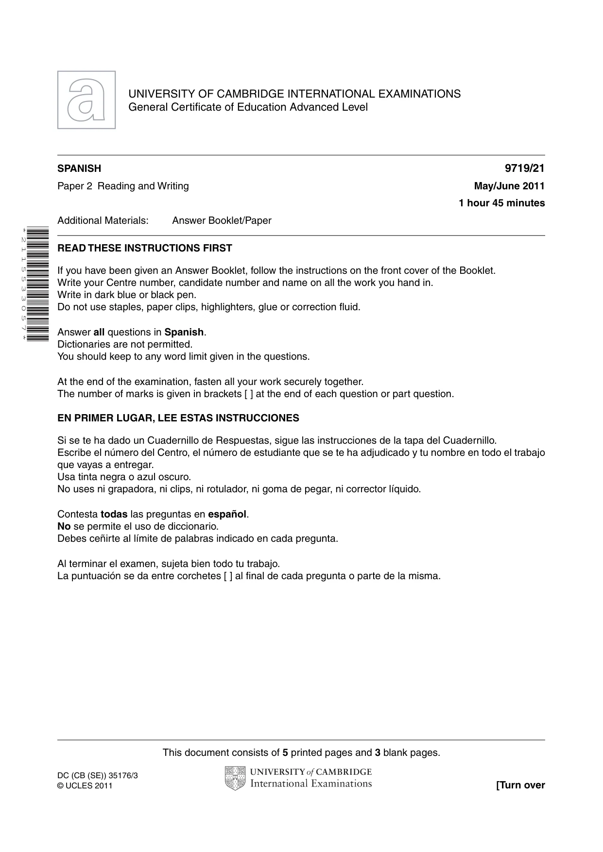 Cambridge A Level Spanish (A Level only) 9719 2011 May/June Paper 2 · Variant 1 question paper, page 1 of 8
