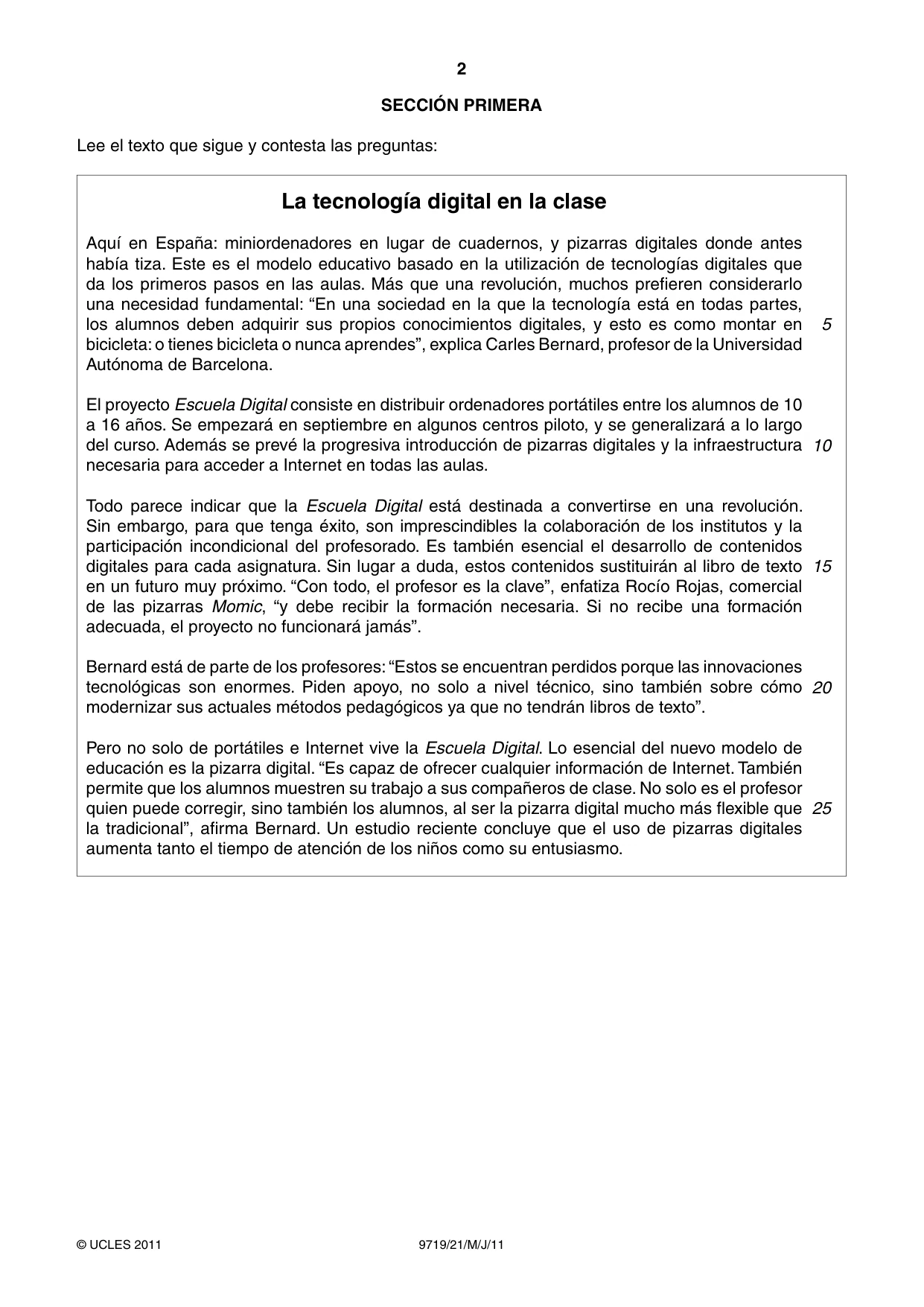 Cambridge A Level Spanish (A Level only) 9719 2011 May/June Paper 2 · Variant 1 question paper, page 2 of 8