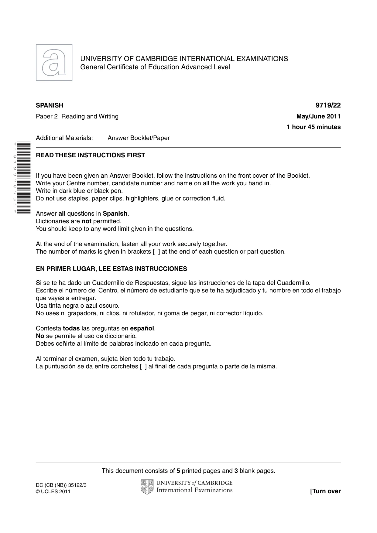 Cambridge A Level Spanish (A Level only) 9719 2011 May/June Paper 2 · Variant 2 question paper, page 1 of 8