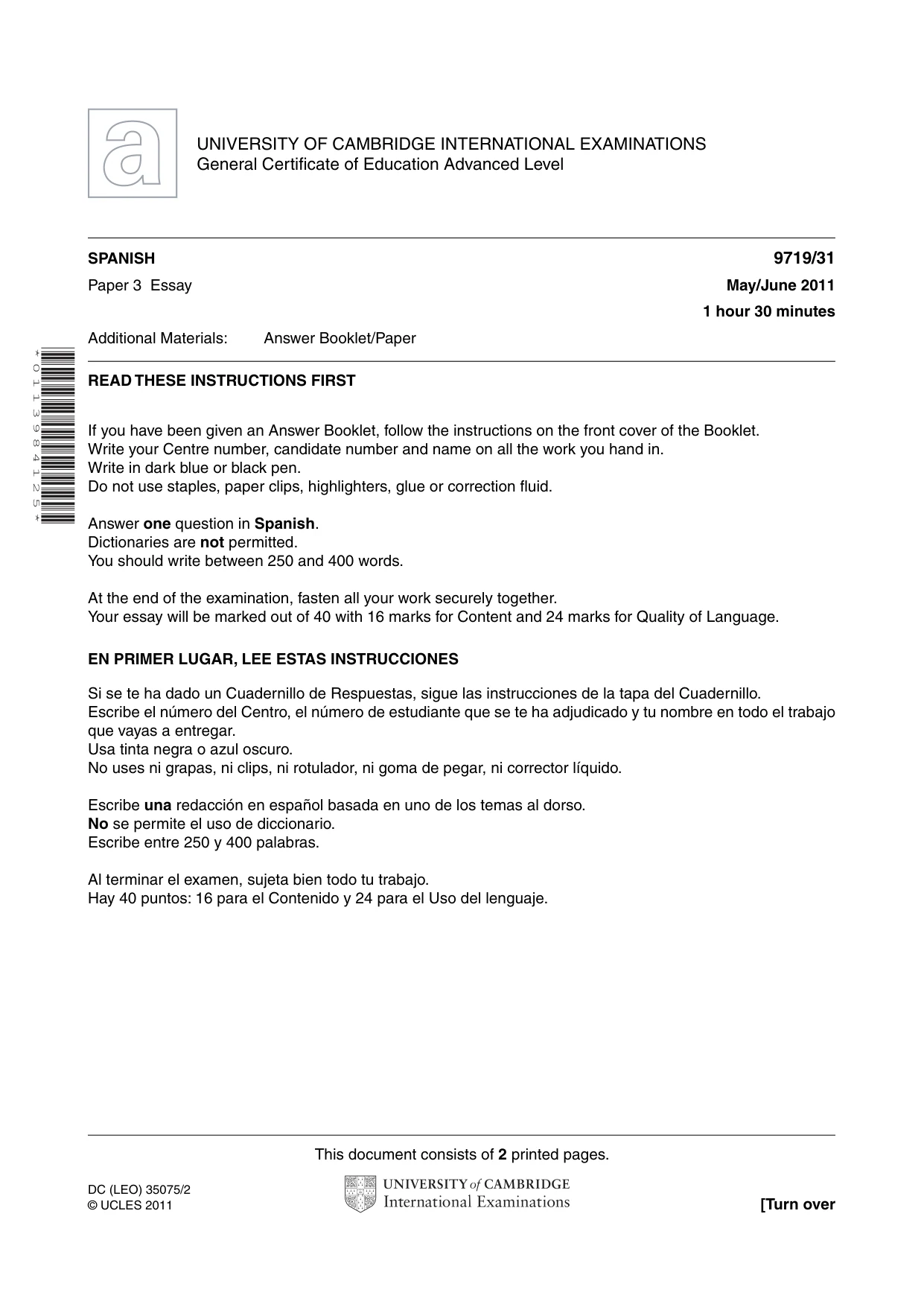 Cambridge A Level Spanish (A Level only) 9719 2011 May/June Paper 3 · Variant 1 question paper, page 1 of 2