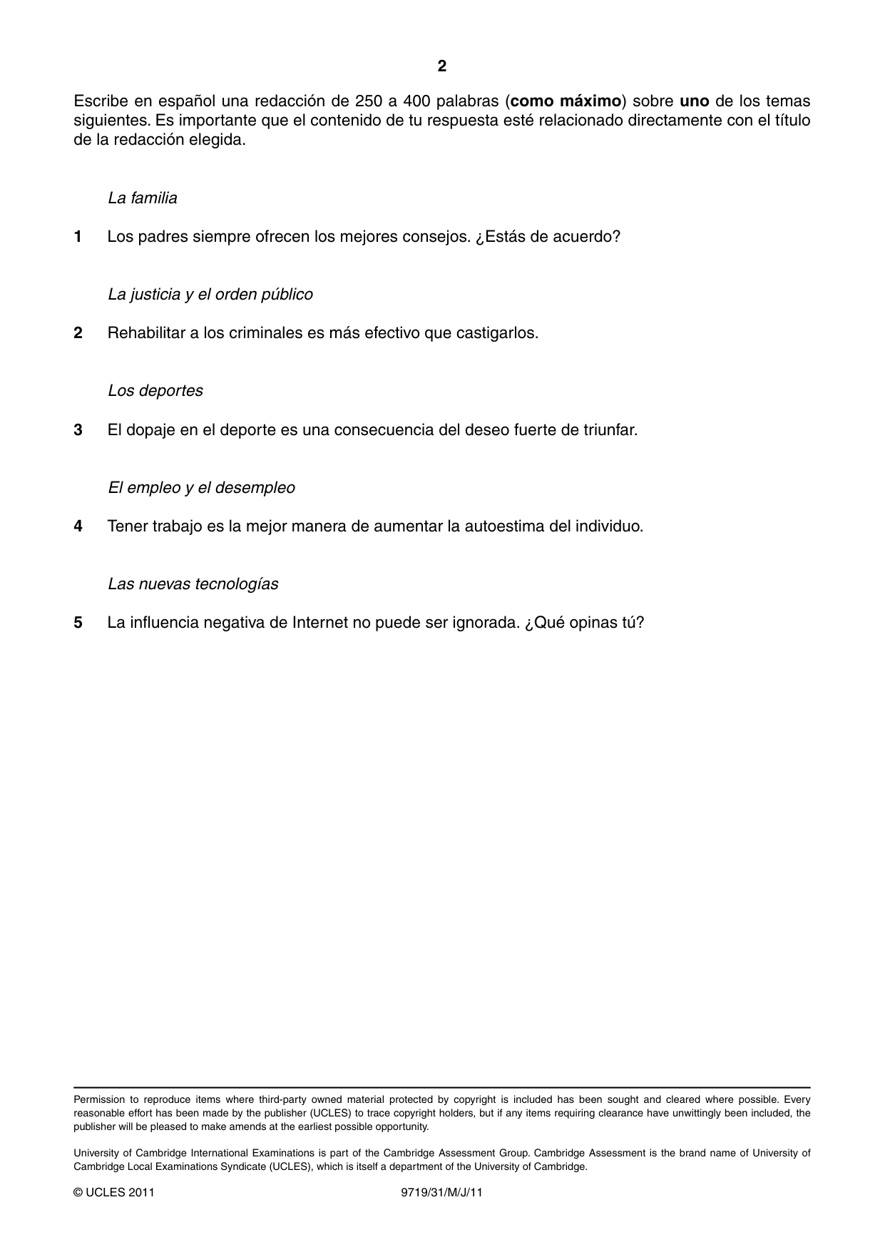 Cambridge A Level Spanish (A Level only) 9719 2011 May/June Paper 3 · Variant 1 question paper, page 2 of 2