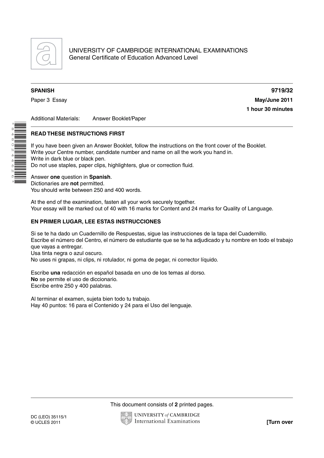 Cambridge A Level Spanish (A Level only) 9719 2011 May/June Paper 3 · Variant 2 question paper, page 1 of 2