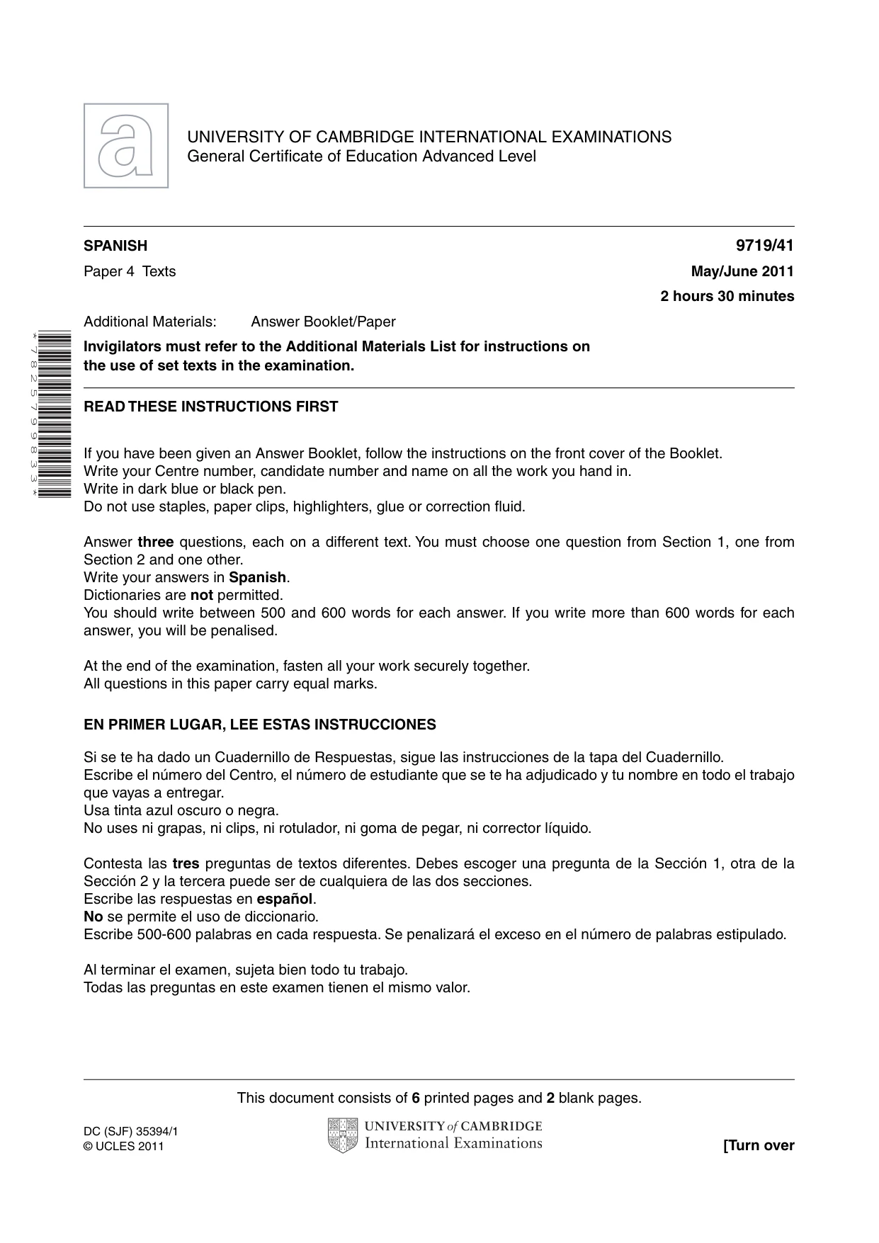 Cambridge A Level Spanish (A Level only) 9719 2011 May/June Paper 4 · Variant 1 question paper, page 1 of 8