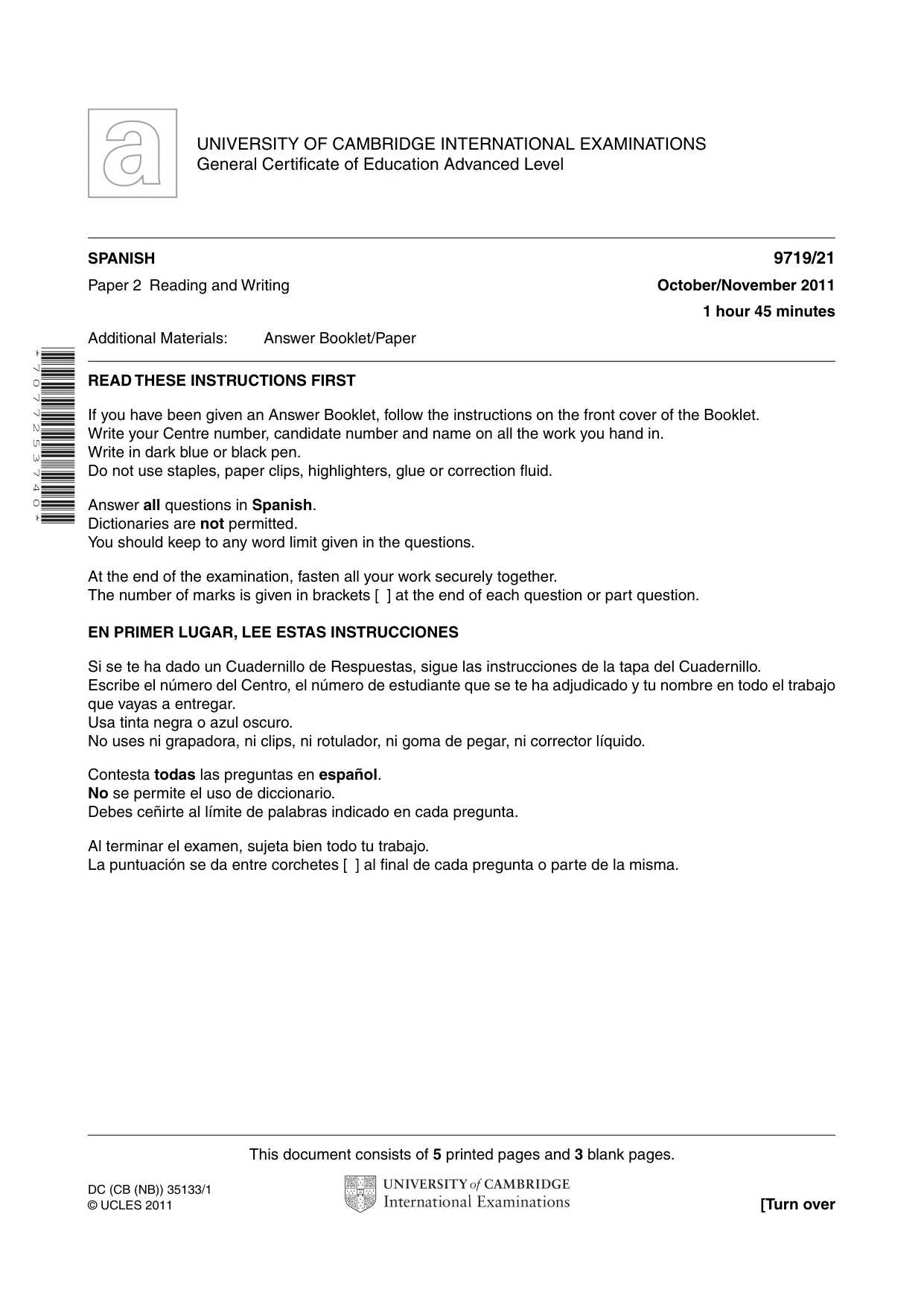 Cambridge A Level Spanish (A Level only) 9719 2011 Oct/Nov Paper 2 · Variant 1 question paper, page 1 of 8
