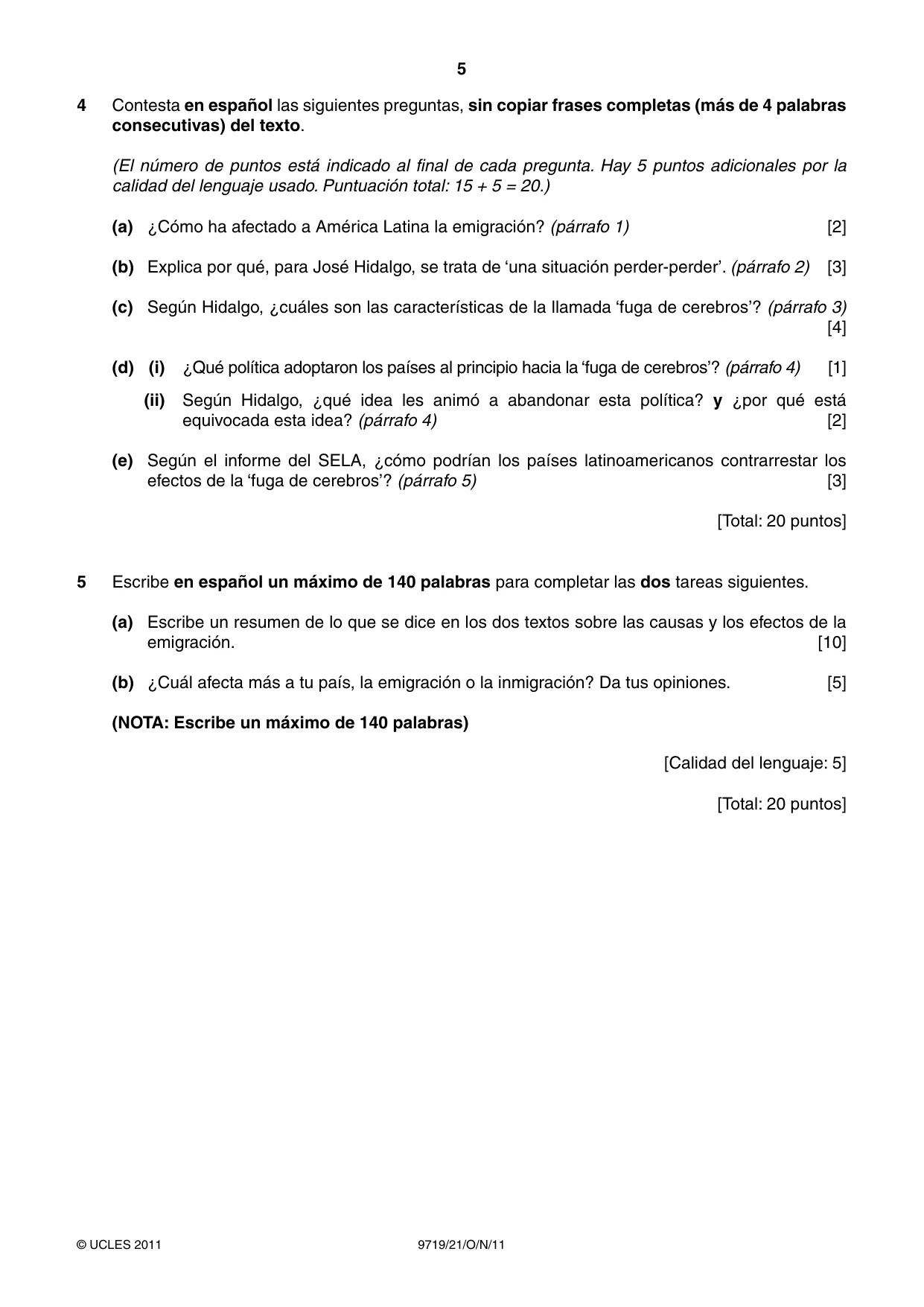 Cambridge A Level Spanish (A Level only) 9719 2011 Oct/Nov Paper 2 · Variant 1 question paper, page 5 of 8