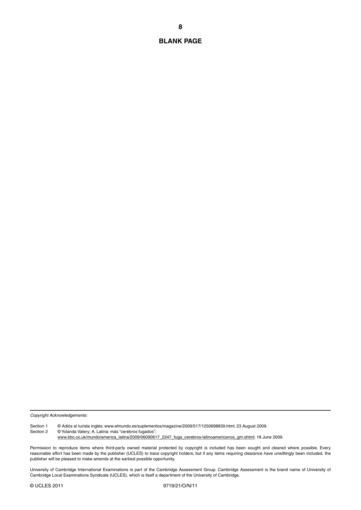 Cambridge A Level Spanish (A Level only) 9719 2011 Oct/Nov Paper 2 · Variant 1 question paper, page 8 of 8