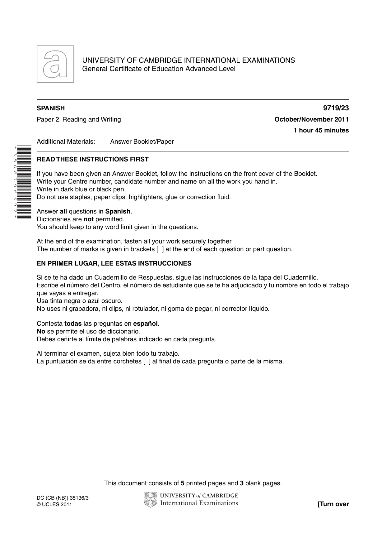Cambridge A Level Spanish (A Level only) 9719 2011 Oct/Nov Paper 2 · Variant 3 question paper, page 1 of 8