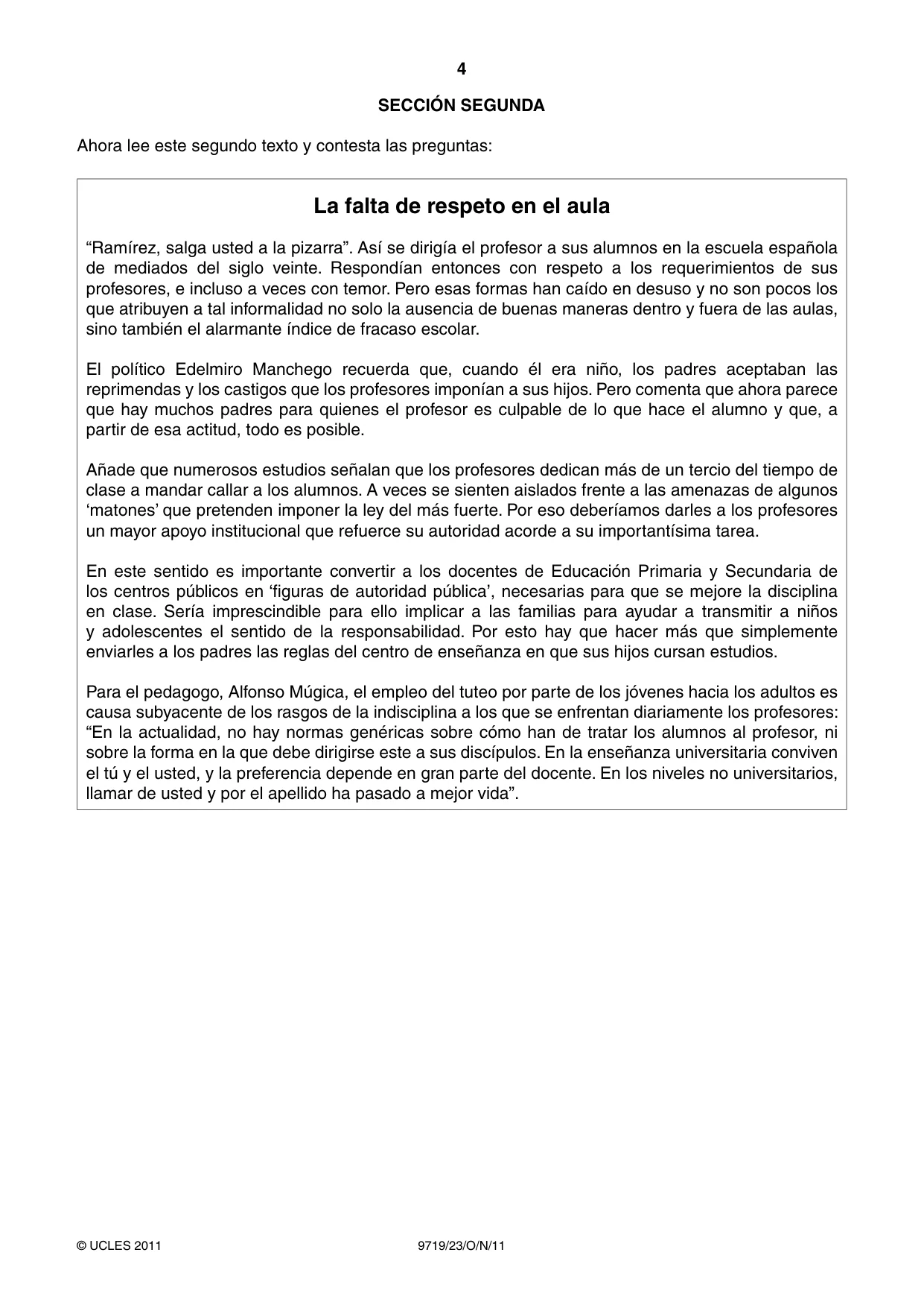 Cambridge A Level Spanish (A Level only) 9719 2011 Oct/Nov Paper 2 · Variant 3 question paper, page 4 of 8