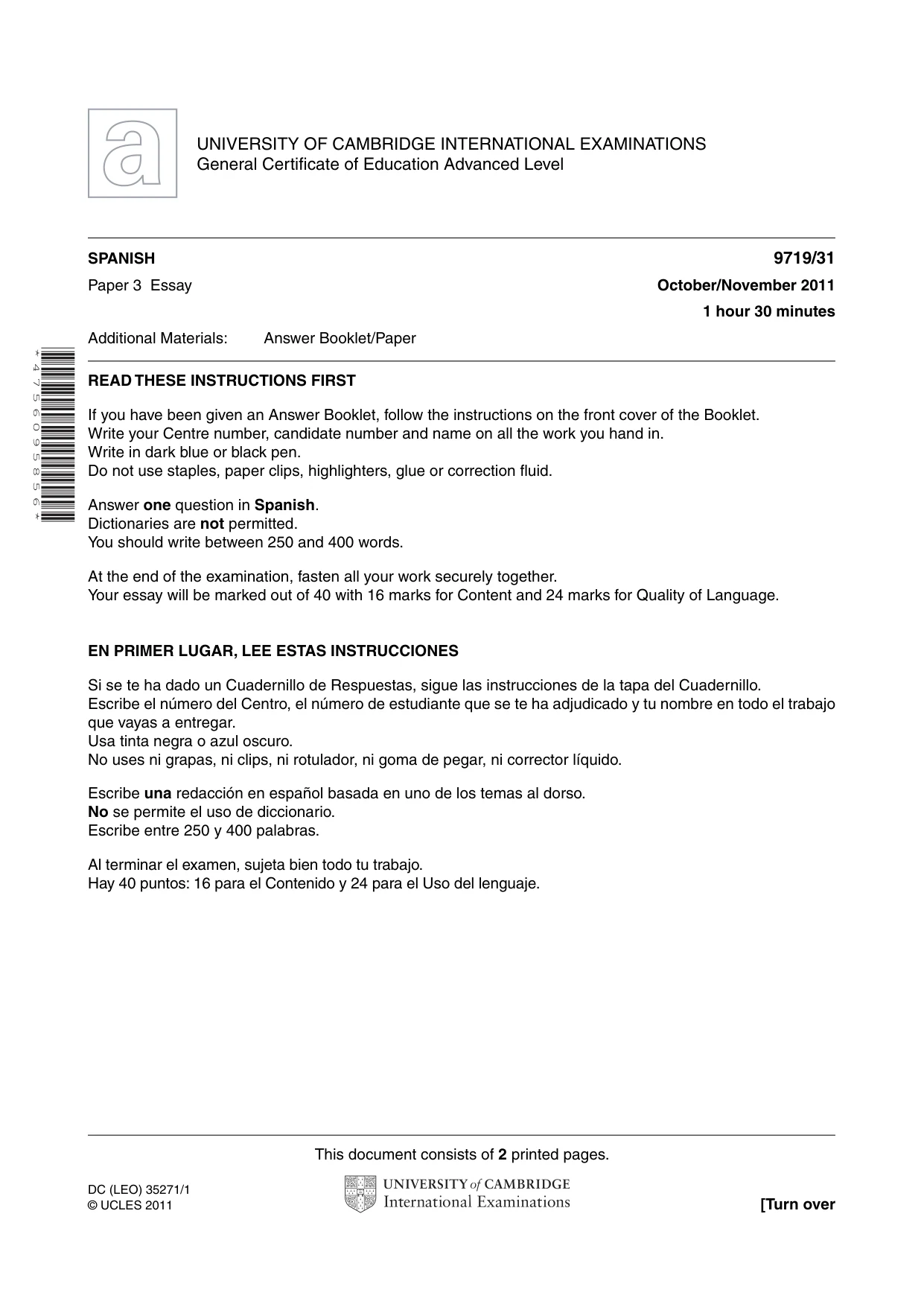 Cambridge A Level Spanish (A Level only) 9719 2011 Oct/Nov Paper 3 · Variant 1 question paper, page 1 of 2
