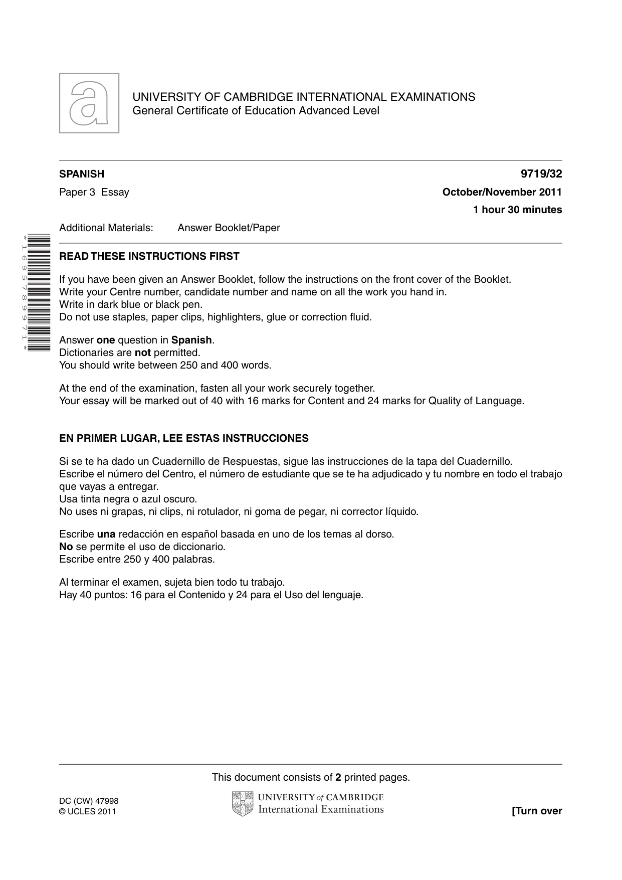Cambridge A Level Spanish (A Level only) 9719 2011 Oct/Nov Paper 3 · Variant 2 question paper, page 1 of 2