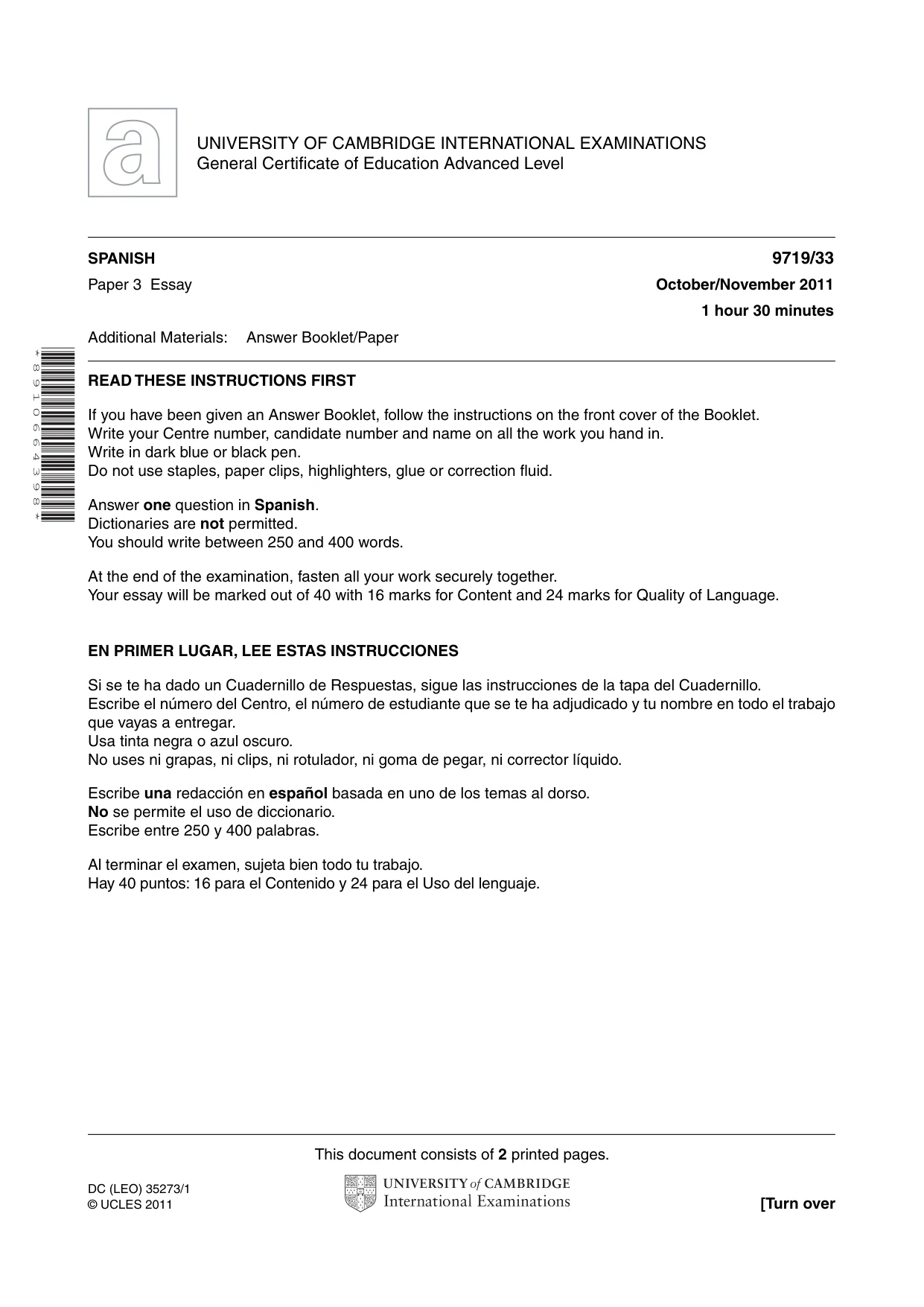 Cambridge A Level Spanish (A Level only) 9719 2011 Oct/Nov Paper 3 · Variant 3 question paper, page 1 of 2