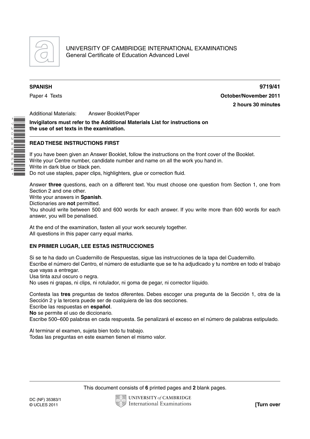 Cambridge A Level Spanish (A Level only) 9719 2011 Oct/Nov Paper 4 · Variant 1 question paper, page 1 of 8