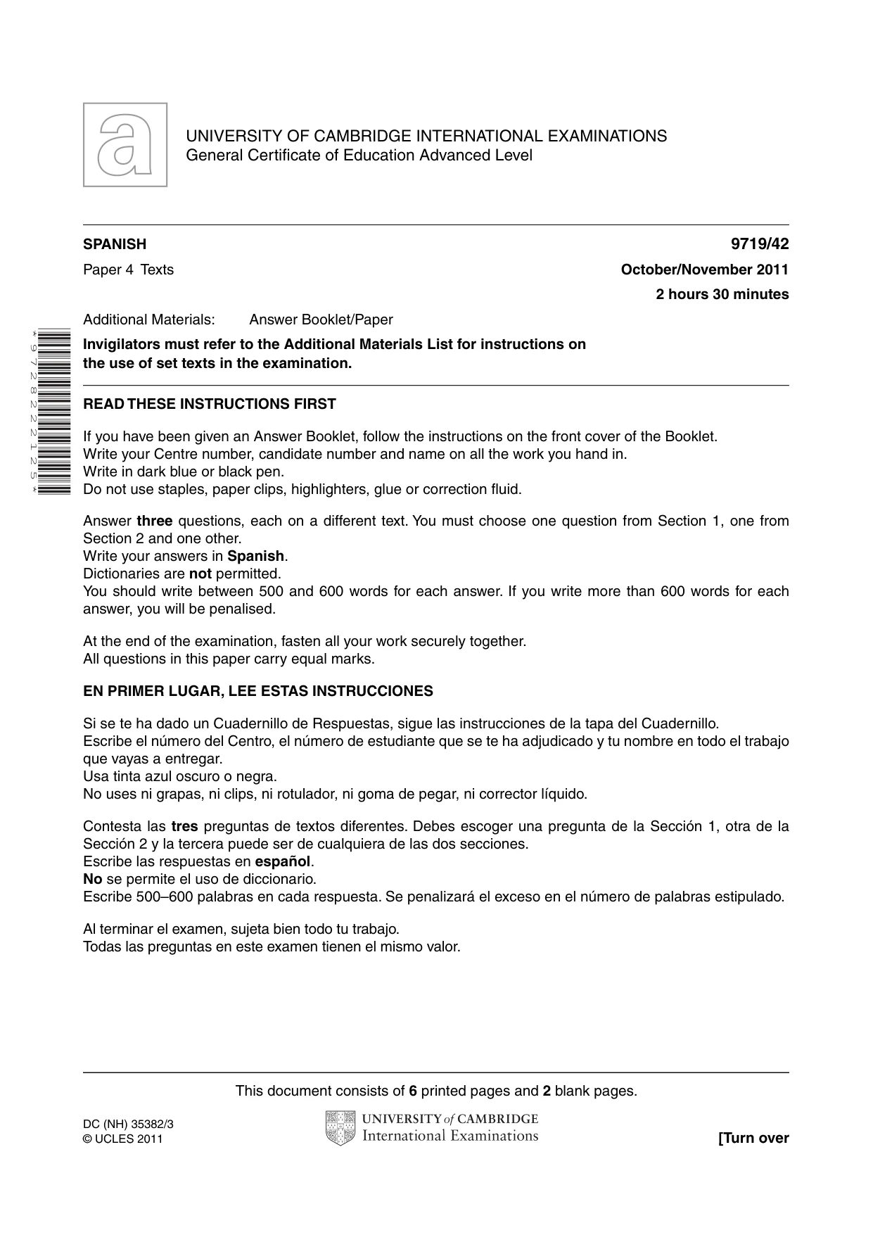 Cambridge A Level Spanish (A Level only) 9719 2011 Oct/Nov Paper 4 · Variant 2 question paper, page 1 of 8