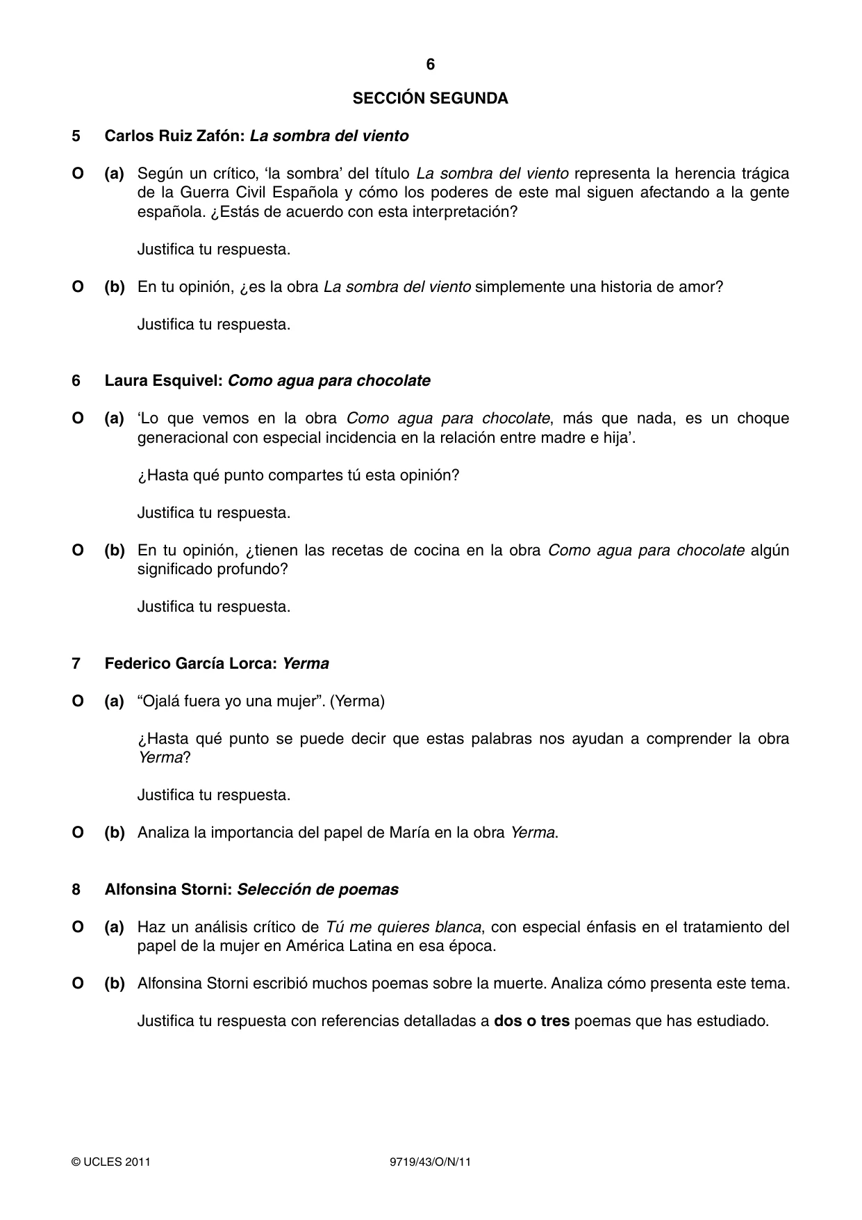 Cambridge A Level Spanish (A Level only) 9719 2011 Oct/Nov Paper 4 · Variant 3 question paper, page 6 of 8