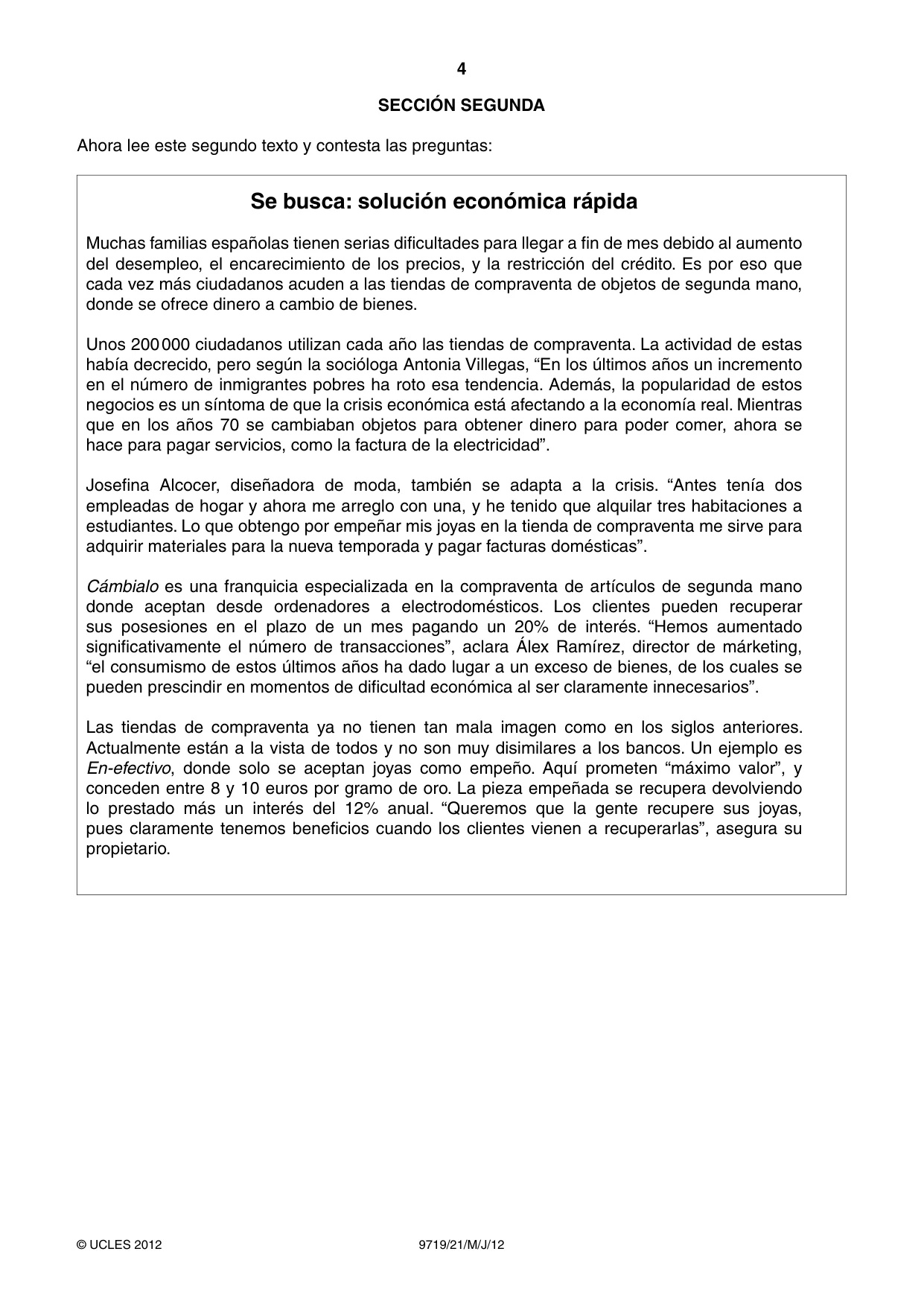 Cambridge A Level Spanish (A Level only) 9719 2012 May/June Paper 2 · Variant 1 question paper, page 4 of 8