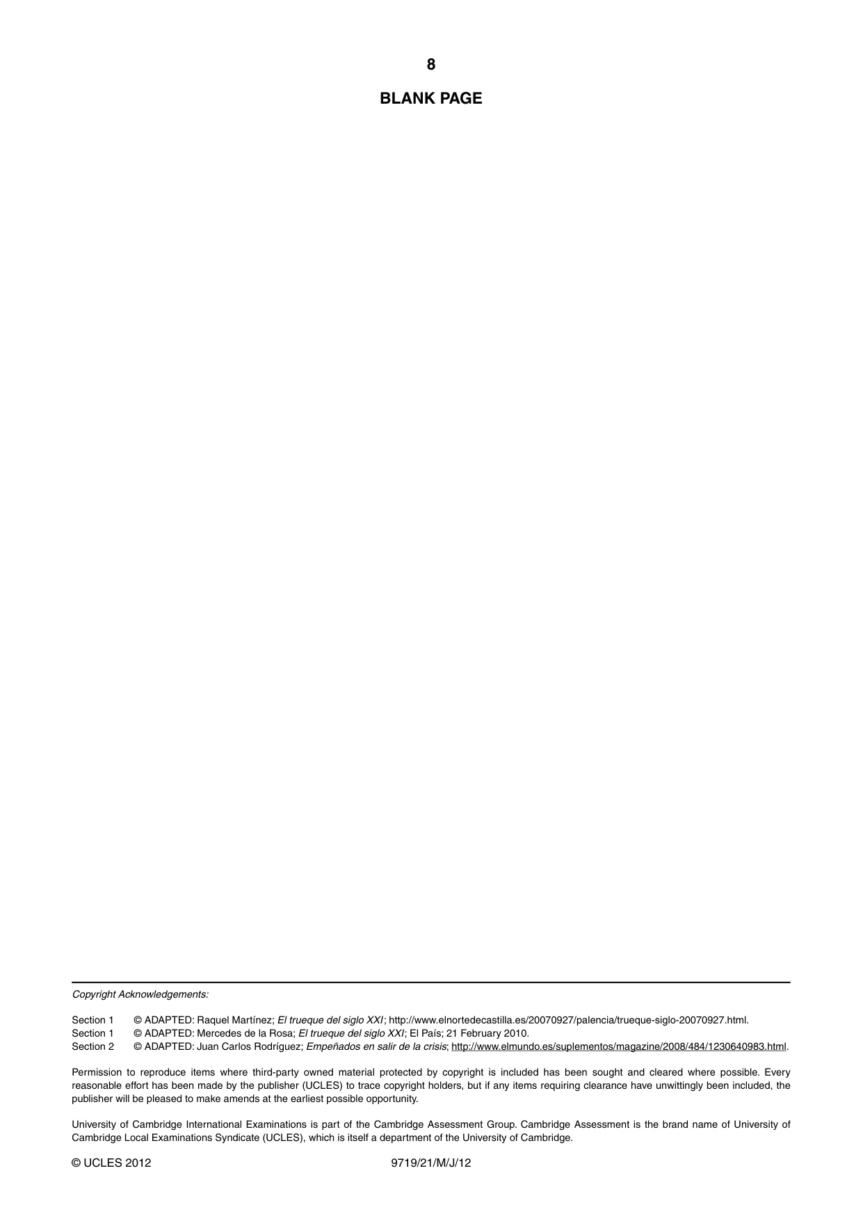 Cambridge A Level Spanish (A Level only) 9719 2012 May/June Paper 2 · Variant 1 question paper, page 8 of 8