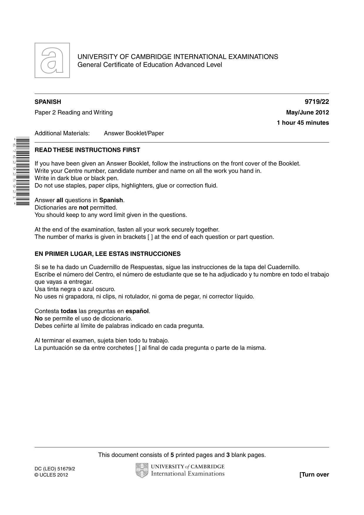 Cambridge A Level Spanish (A Level only) 9719 2012 May/June Paper 2 · Variant 2 question paper, page 1 of 8