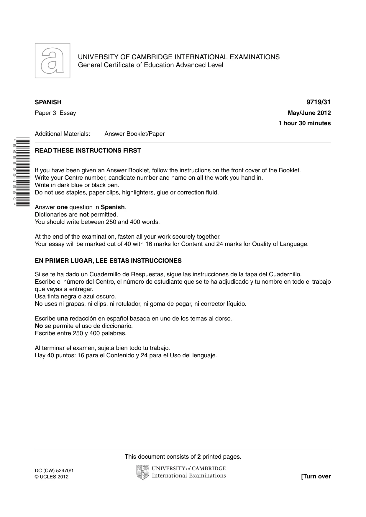 Cambridge A Level Spanish (A Level only) 9719 2012 May/June Paper 3 · Variant 1 question paper, page 1 of 2