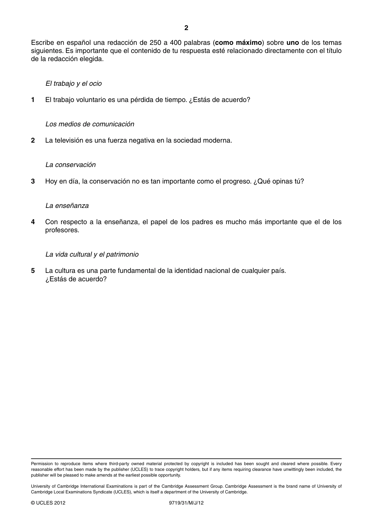Cambridge A Level Spanish (A Level only) 9719 2012 May/June Paper 3 · Variant 1 question paper, page 2 of 2