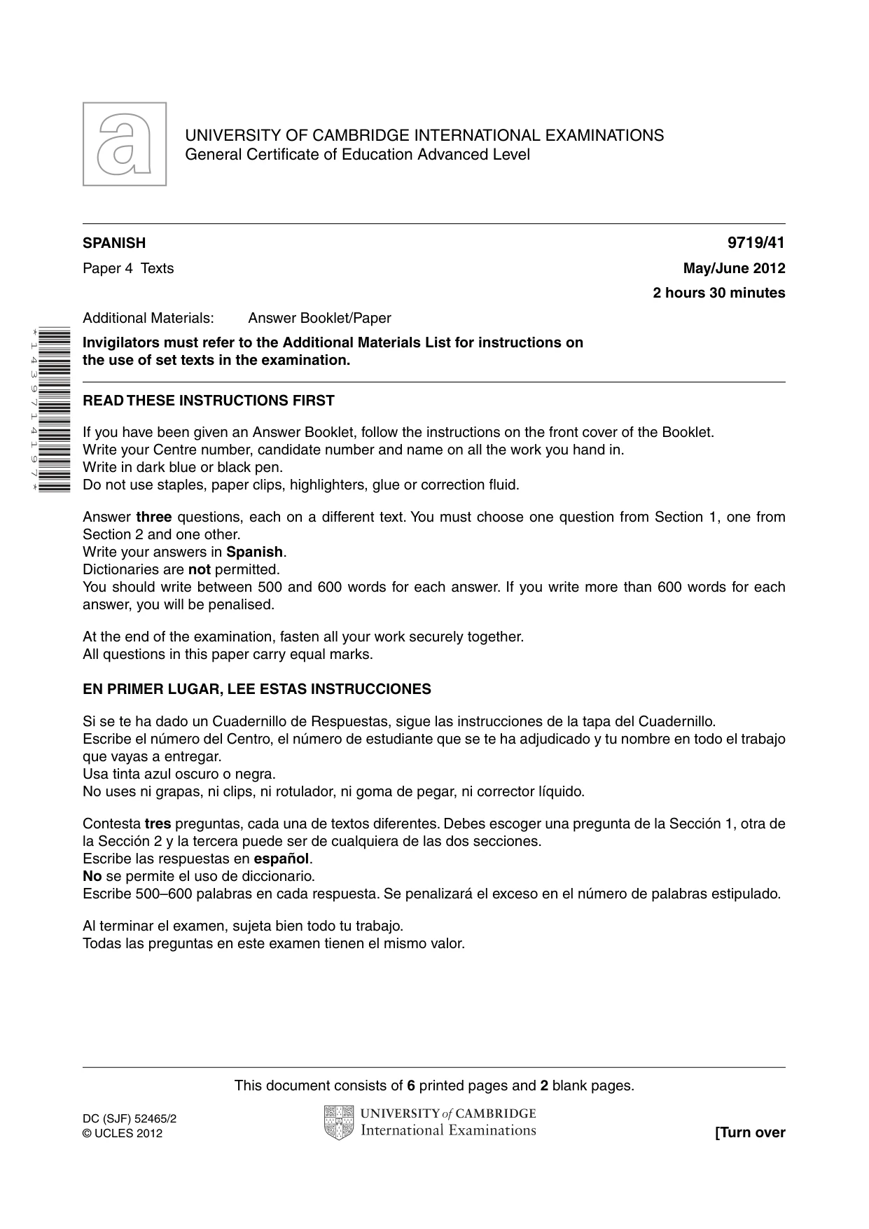 Cambridge A Level Spanish (A Level only) 9719 2012 May/June Paper 4 · Variant 1 question paper, page 1 of 8