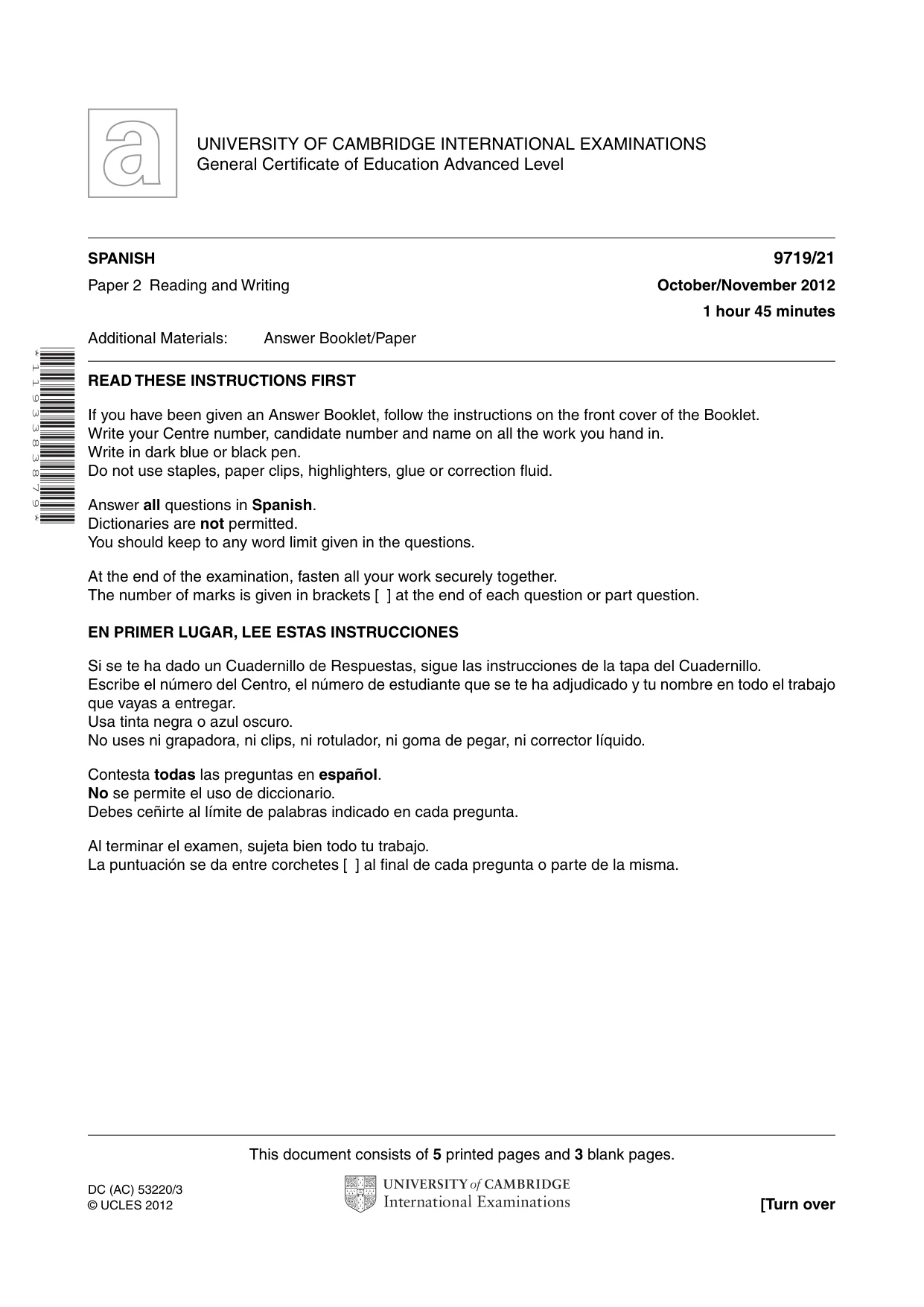 Cambridge A Level Spanish (A Level only) 9719 2012 Oct/Nov Paper 2 · Variant 1 question paper, page 1 of 8