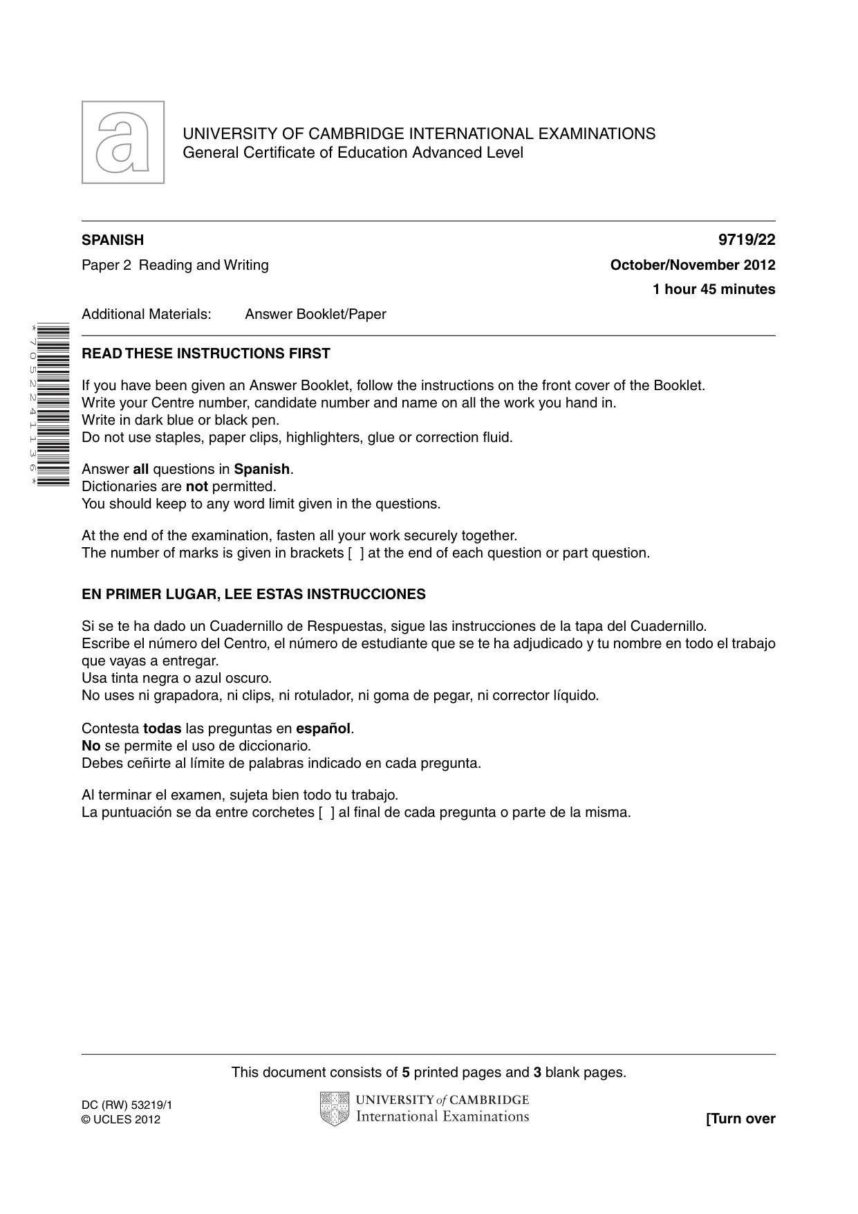 Cambridge A Level Spanish (A Level only) 9719 2012 Oct/Nov Paper 2 · Variant 2 question paper, page 1 of 8