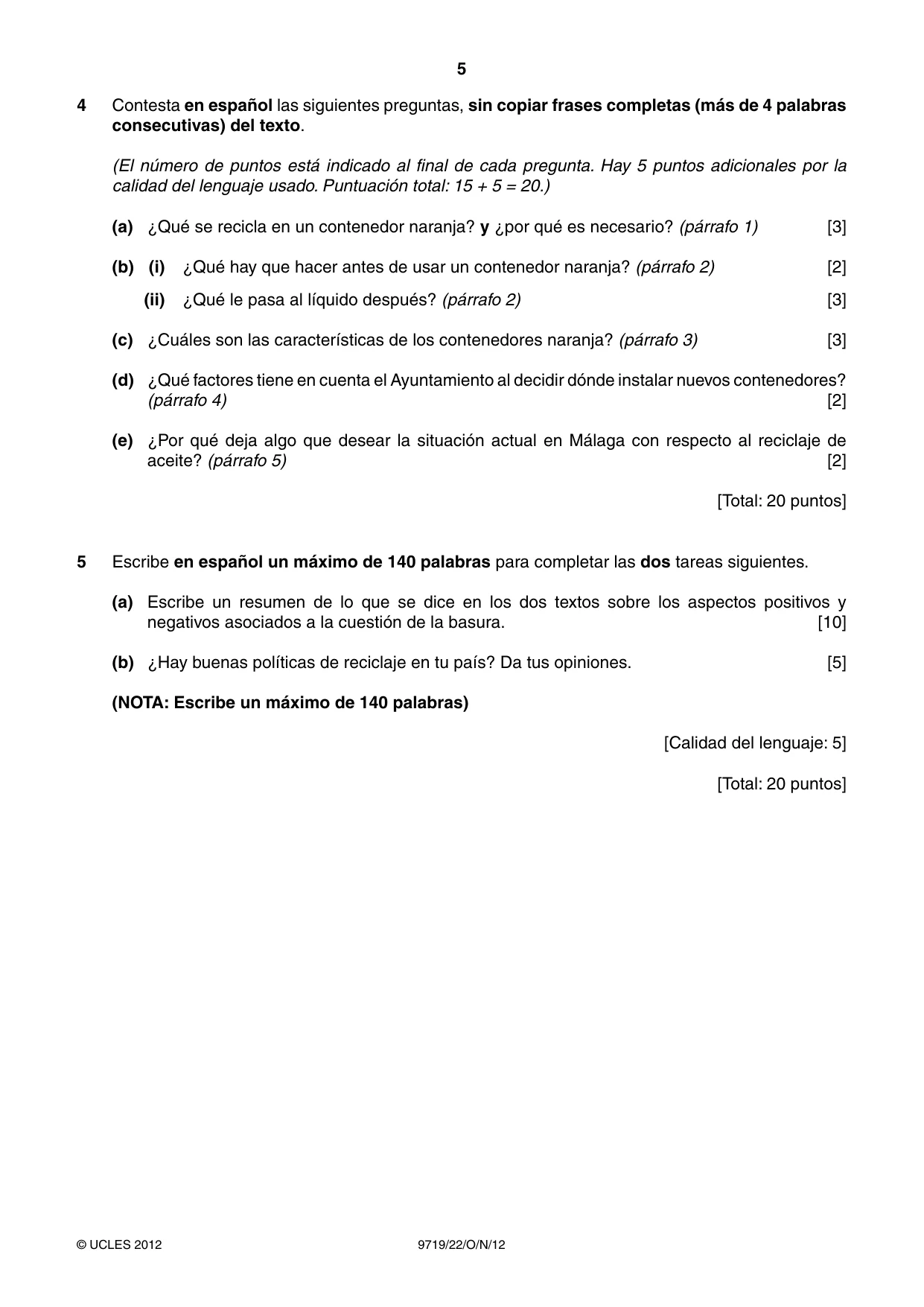 Cambridge A Level Spanish (A Level only) 9719 2012 Oct/Nov Paper 2 · Variant 2 question paper, page 5 of 8