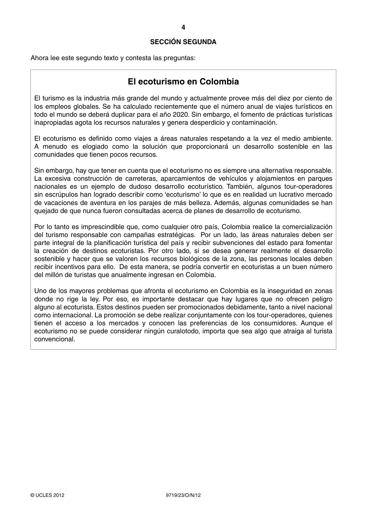 Cambridge A Level Spanish (A Level only) 9719 2012 Oct/Nov Paper 2 · Variant 3 question paper, page 4 of 8