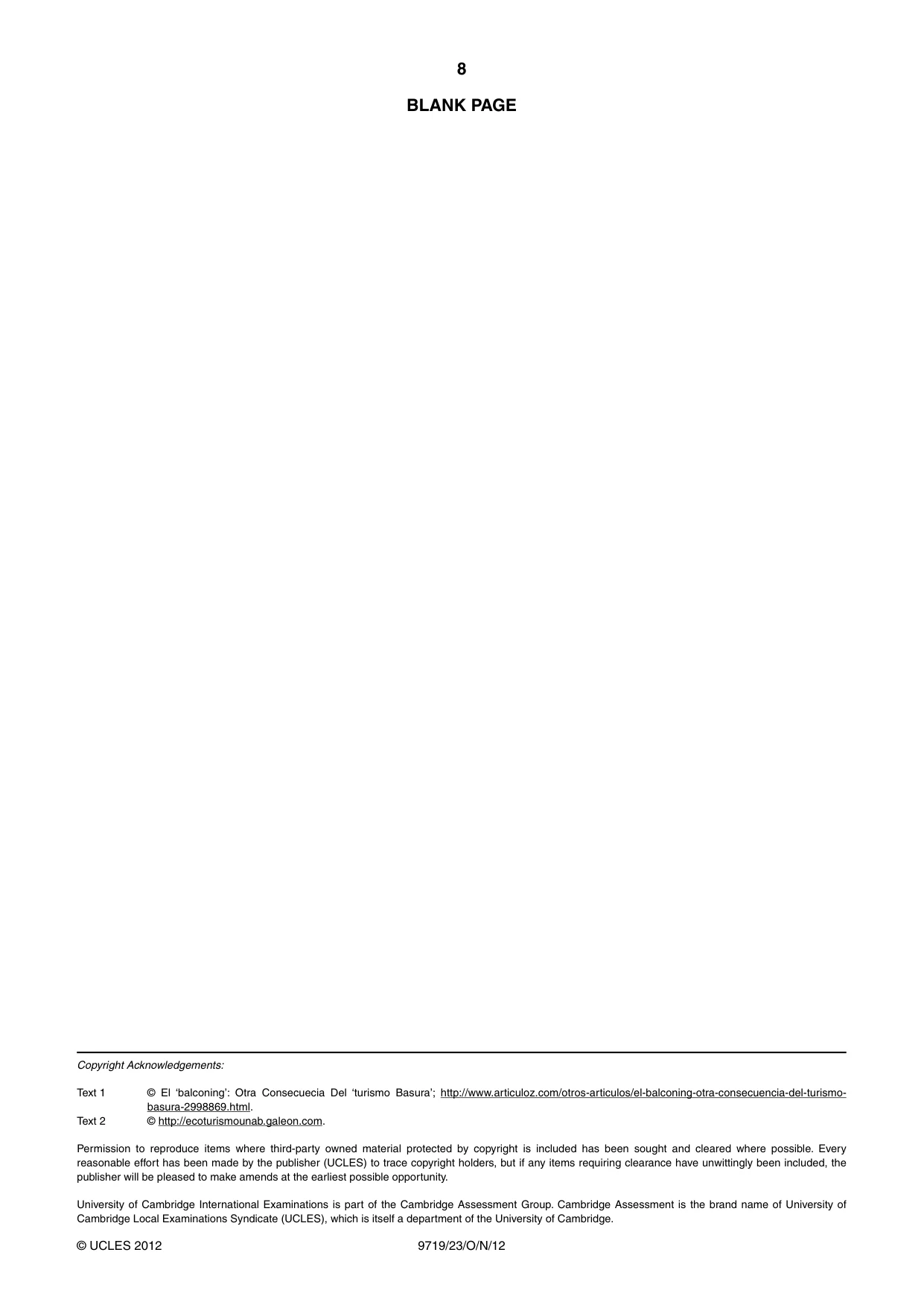Cambridge A Level Spanish (A Level only) 9719 2012 Oct/Nov Paper 2 · Variant 3 question paper, page 8 of 8