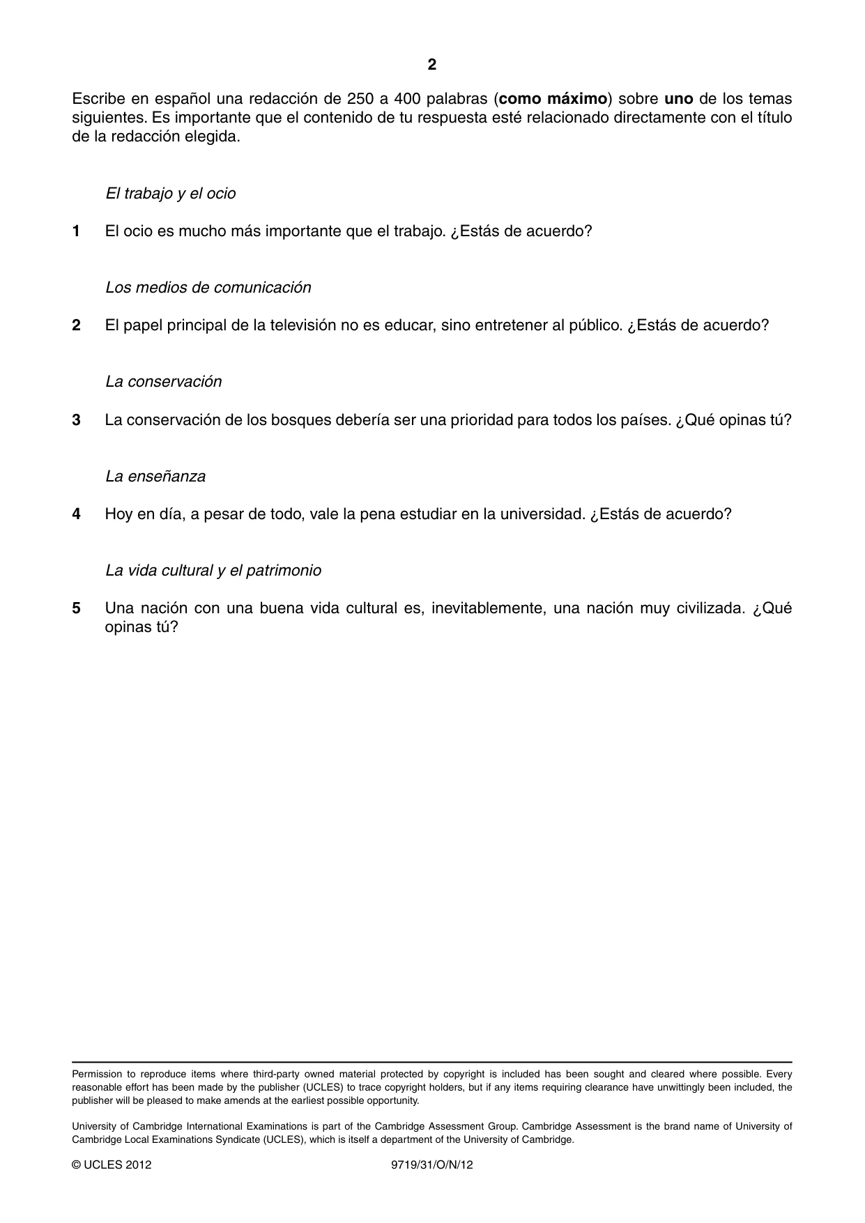 Cambridge A Level Spanish (A Level only) 9719 2012 Oct/Nov Paper 3 · Variant 1 question paper, page 2 of 2