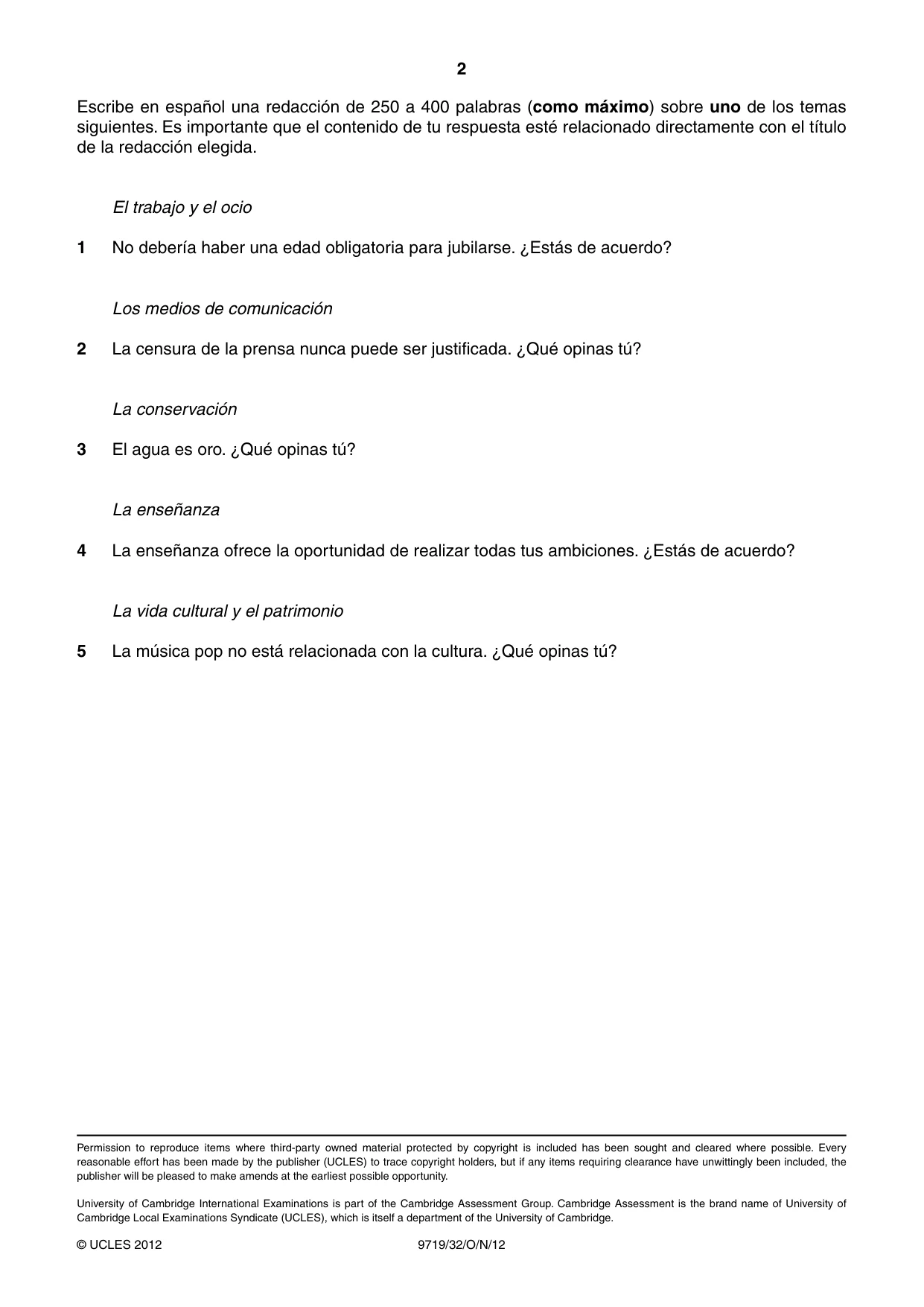 Cambridge A Level Spanish (A Level only) 9719 2012 Oct/Nov Paper 3 · Variant 2 question paper, page 2 of 2