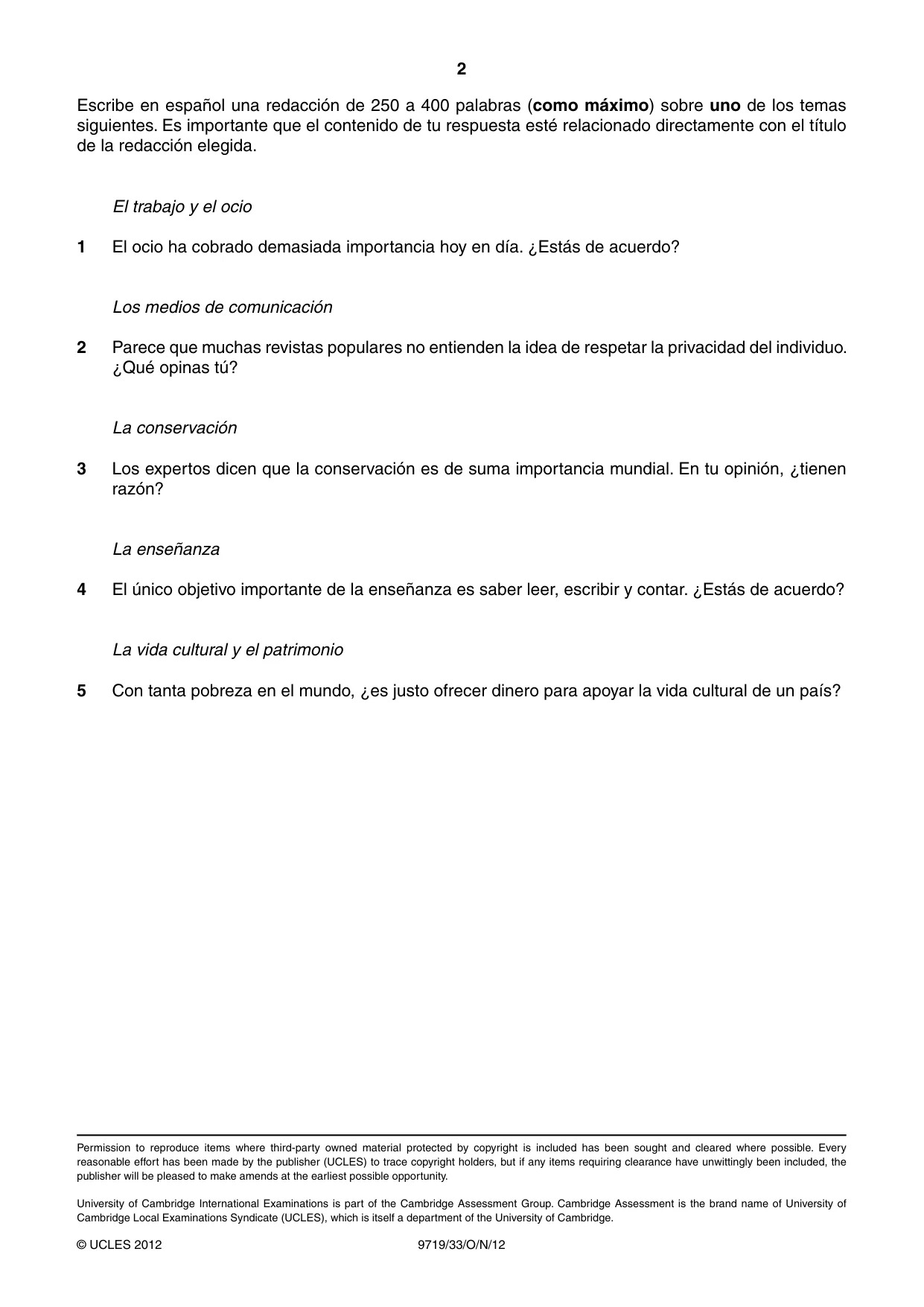 Cambridge A Level Spanish (A Level only) 9719 2012 Oct/Nov Paper 3 · Variant 3 question paper, page 2 of 2