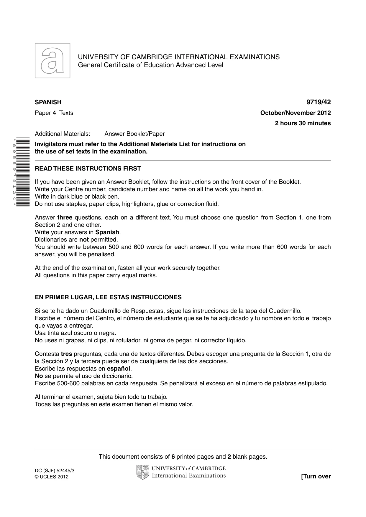 Cambridge A Level Spanish (A Level only) 9719 2012 Oct/Nov Paper 4 · Variant 2 question paper, page 1 of 8