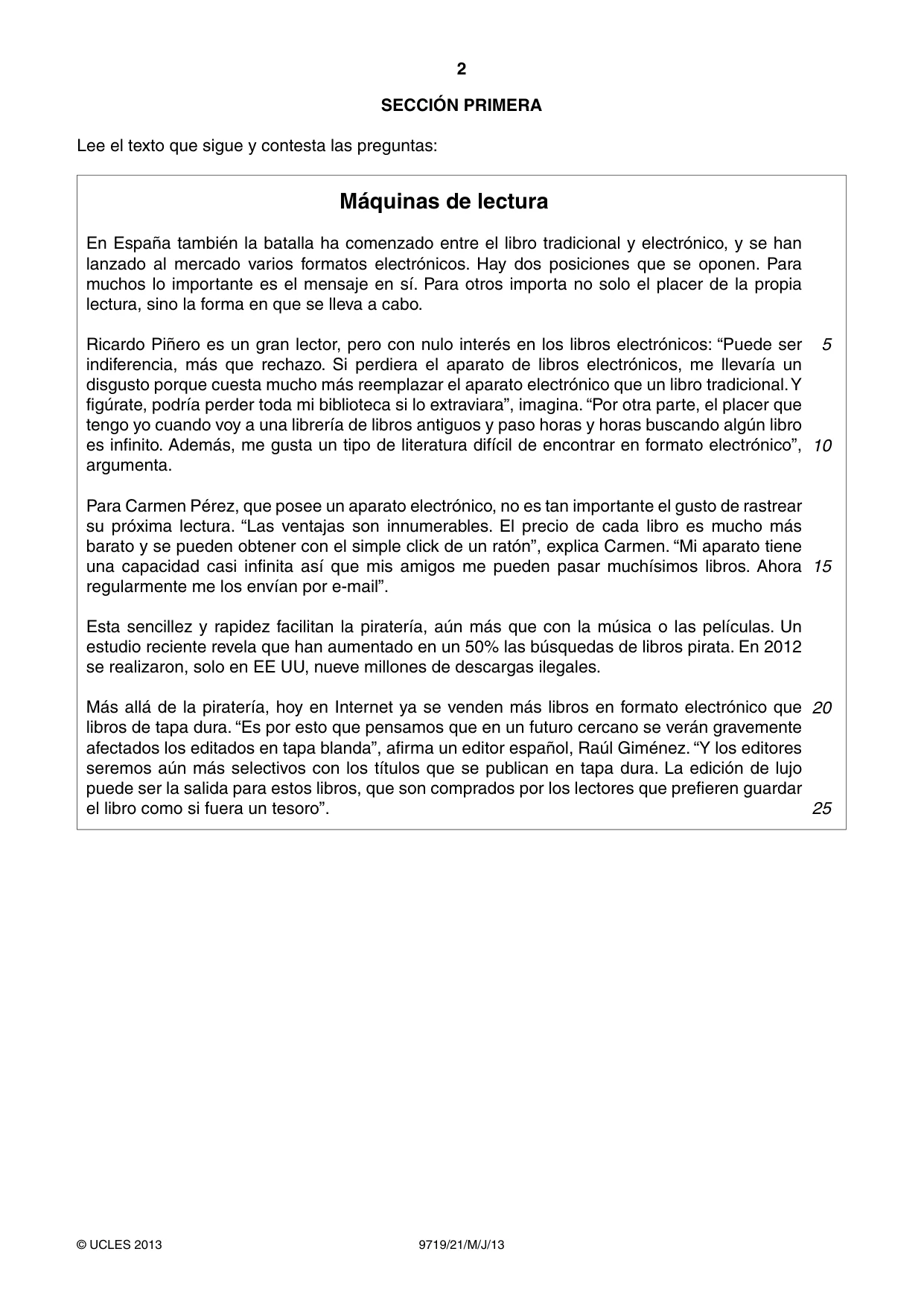 Cambridge A Level Spanish (A Level only) 9719 2013 May/June Paper 2 · Variant 1 question paper, page 2 of 8