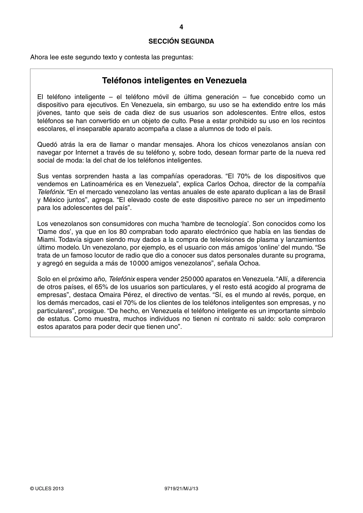 Cambridge A Level Spanish (A Level only) 9719 2013 May/June Paper 2 · Variant 1 question paper, page 4 of 8
