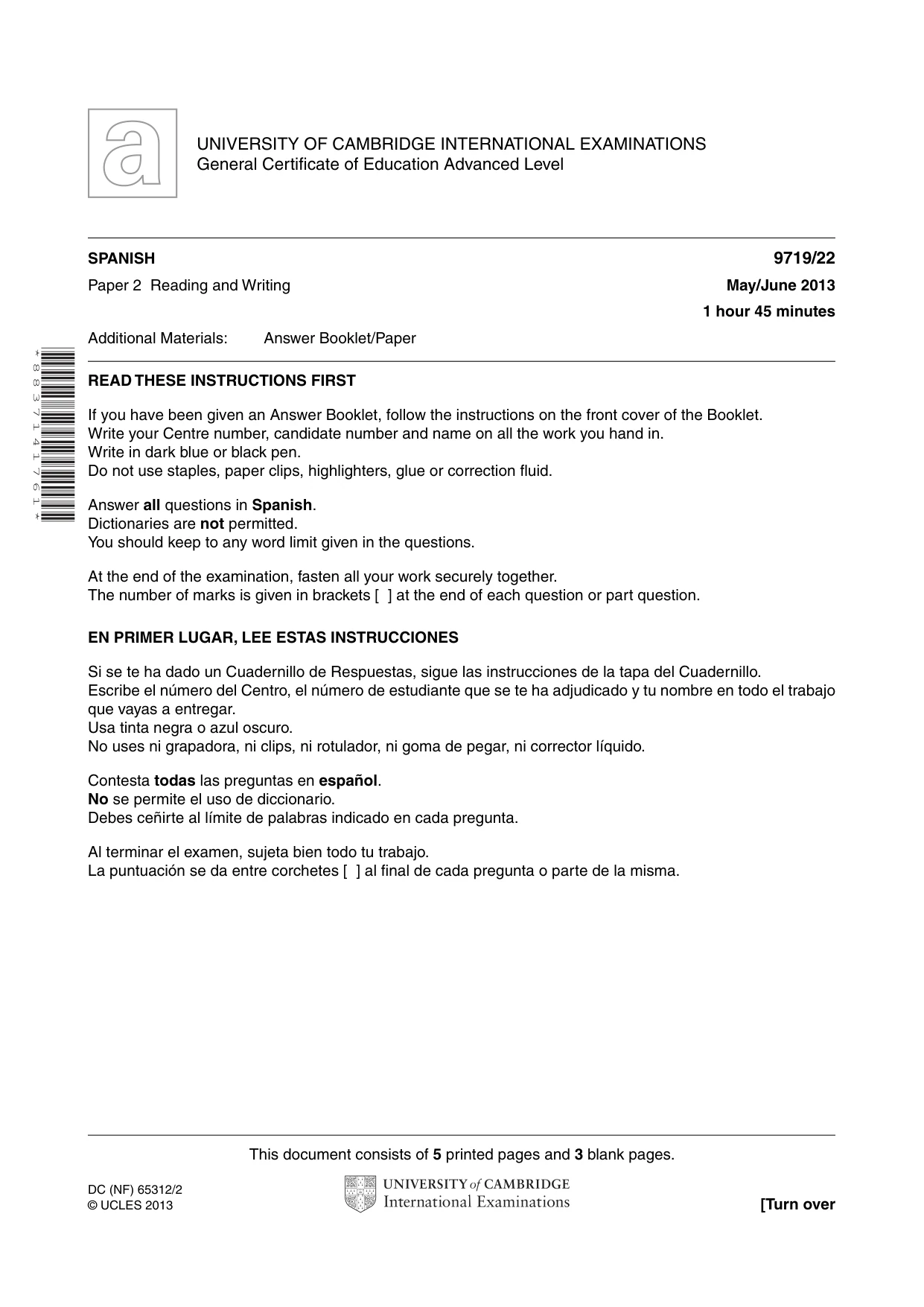 Cambridge A Level Spanish (A Level only) 9719 2013 May/June Paper 2 · Variant 2 question paper, page 1 of 8