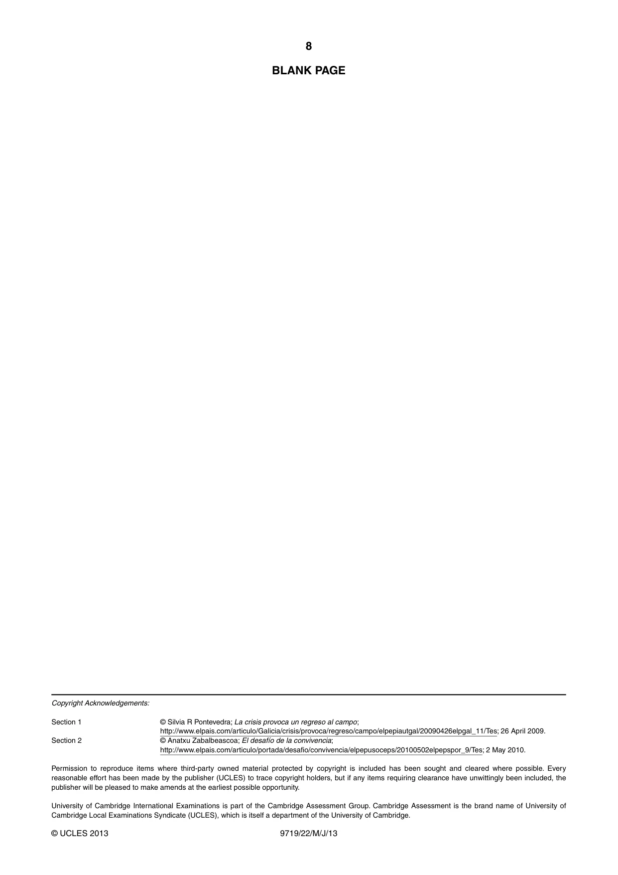 Cambridge A Level Spanish (A Level only) 9719 2013 May/June Paper 2 · Variant 2 question paper, page 8 of 8