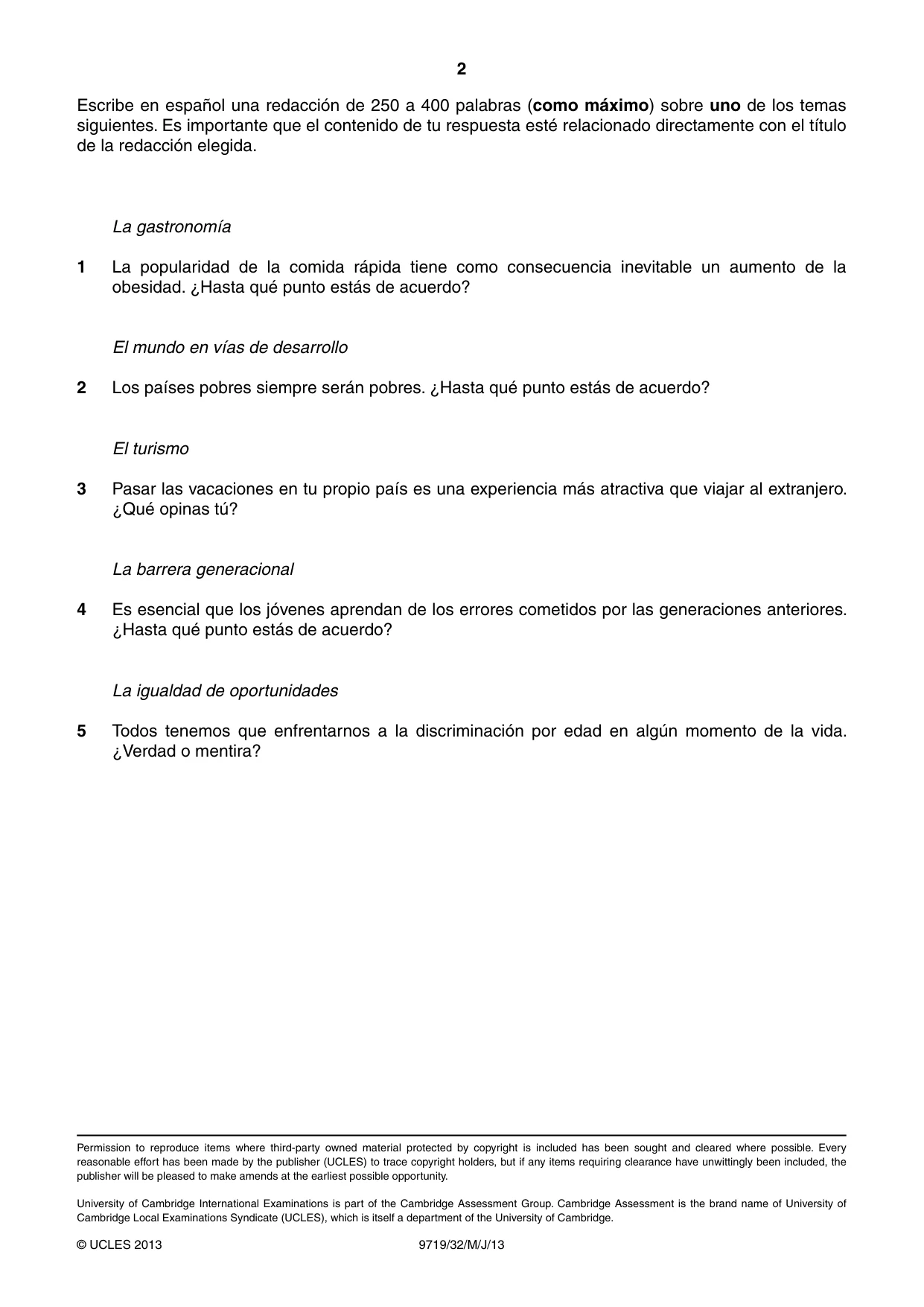 Cambridge A Level Spanish (A Level only) 9719 2013 May/June Paper 3 · Variant 2 question paper, page 2 of 2