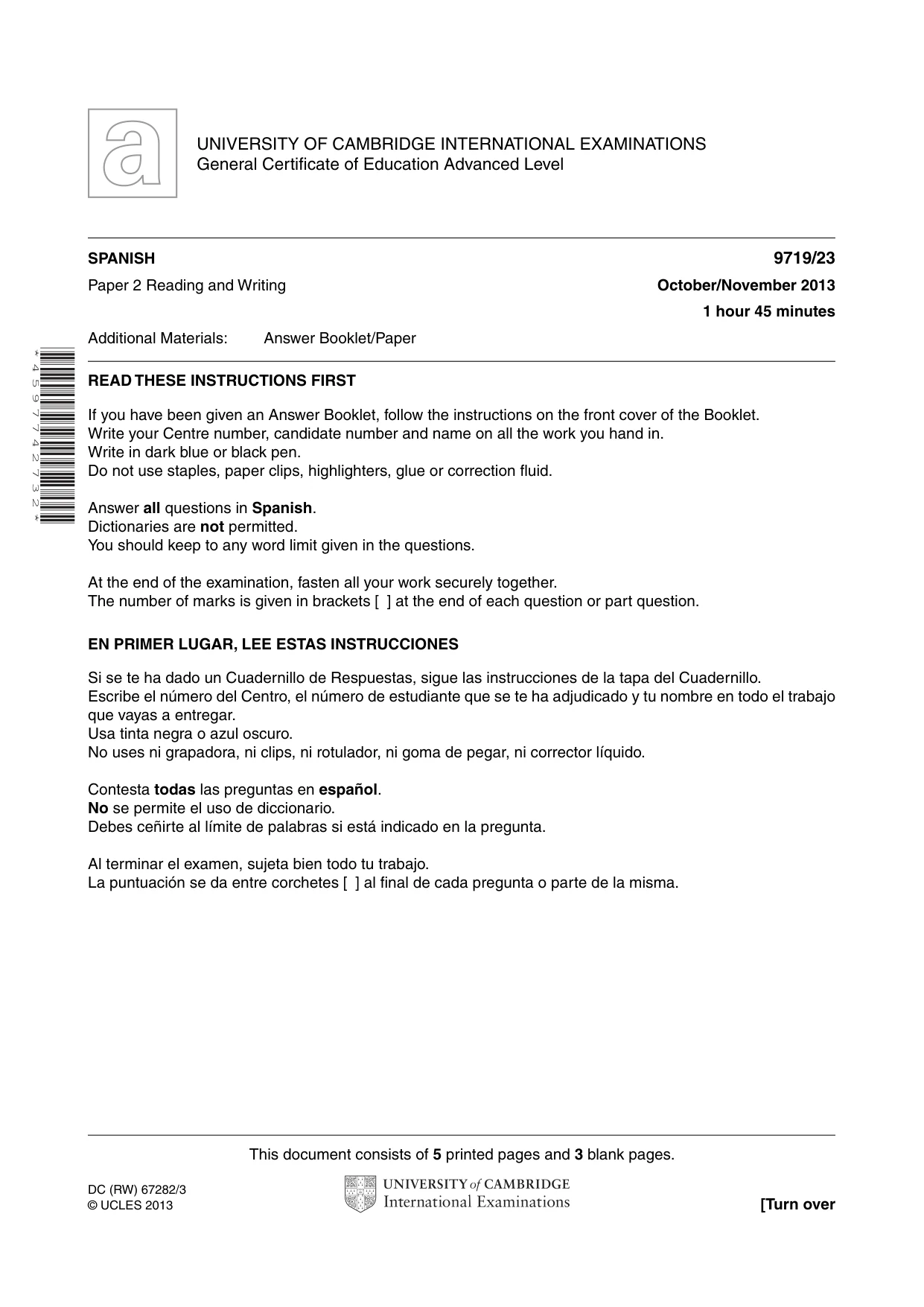 Cambridge A Level Spanish (A Level only) 9719 2013 Oct/Nov Paper 2 · Variant 3 question paper, page 1 of 8