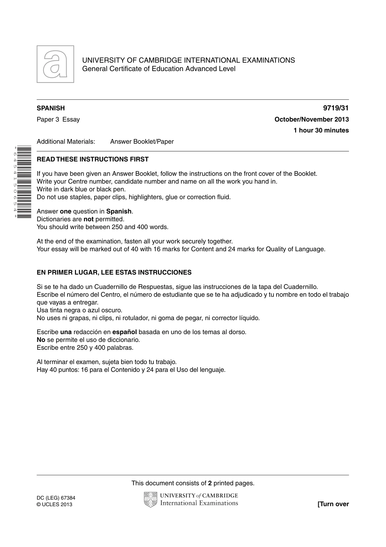 Cambridge A Level Spanish (A Level only) 9719 2013 Oct/Nov Paper 3 · Variant 1 question paper, page 1 of 2
