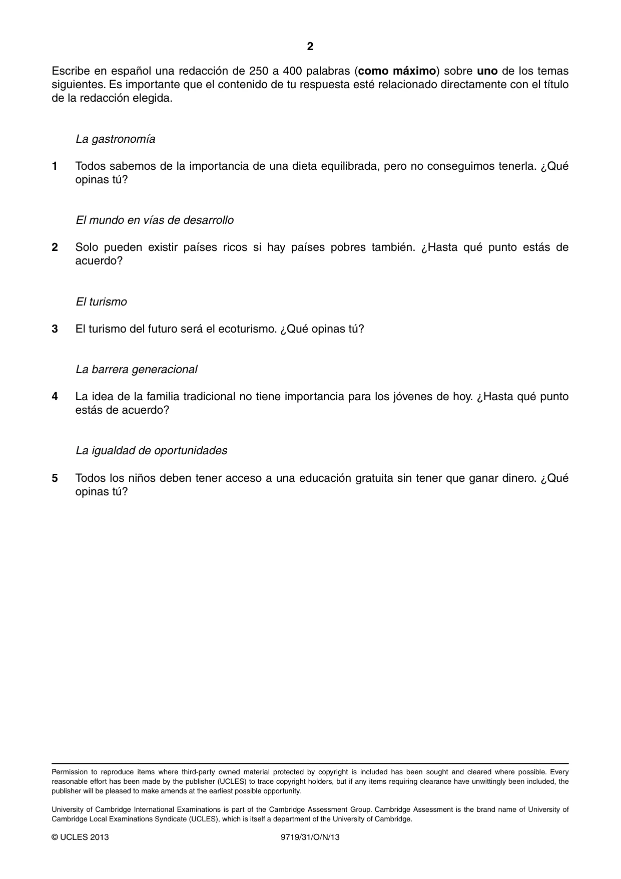 Cambridge A Level Spanish (A Level only) 9719 2013 Oct/Nov Paper 3 · Variant 1 question paper, page 2 of 2