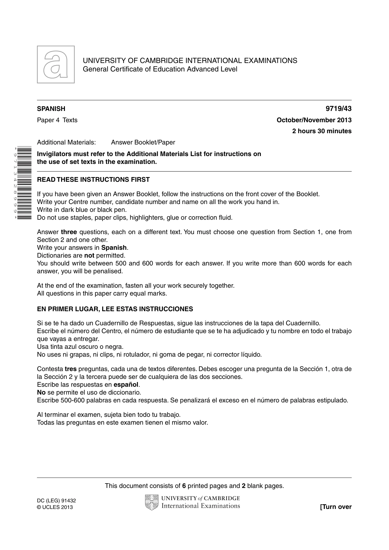 Cambridge A Level Spanish (A Level only) 9719 2013 Oct/Nov Paper 4 · Variant 3 question paper, page 1 of 8