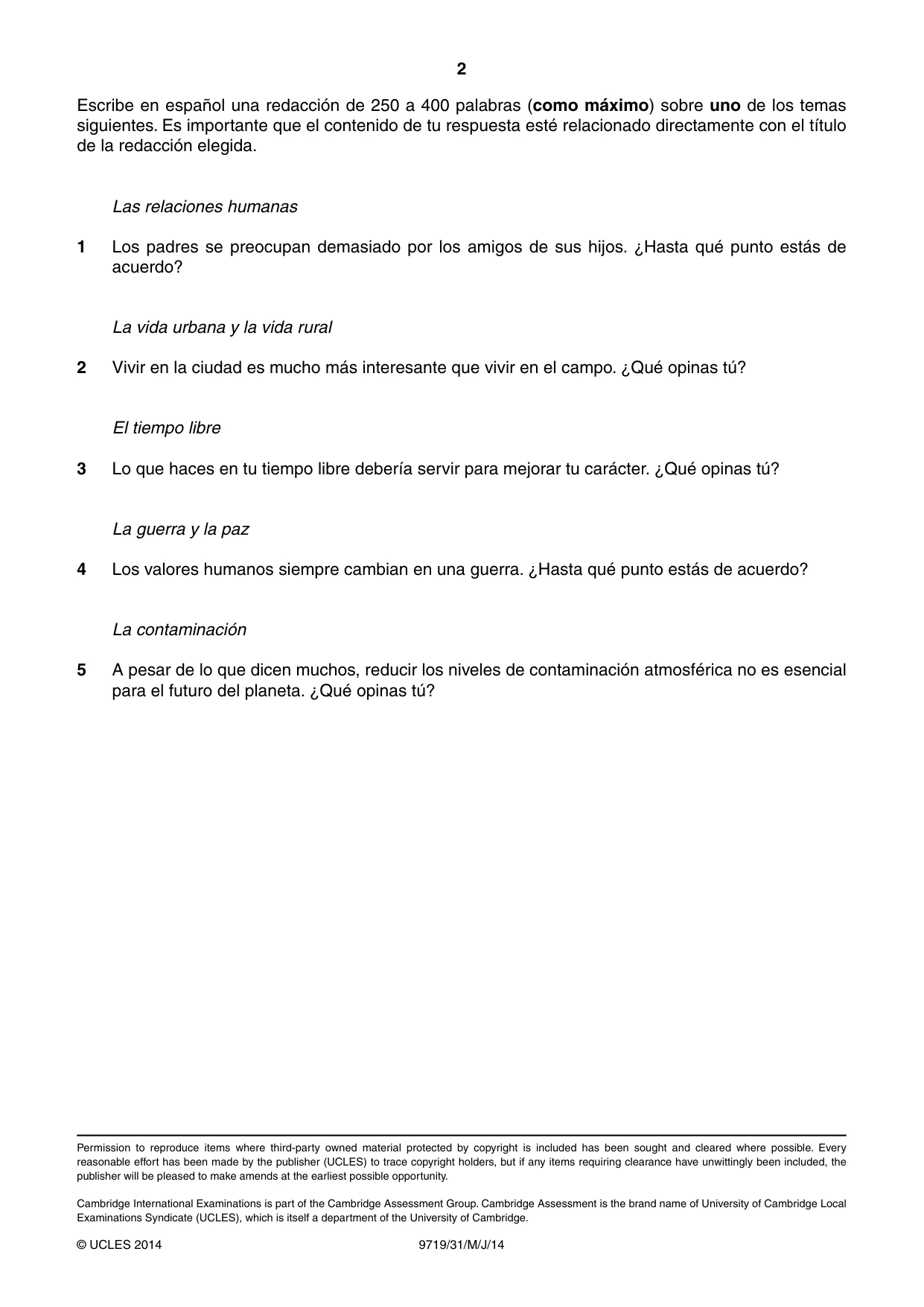 Cambridge A Level Spanish (A Level only) 9719 2014 May/June Paper 3 · Variant 1 question paper, page 2 of 2