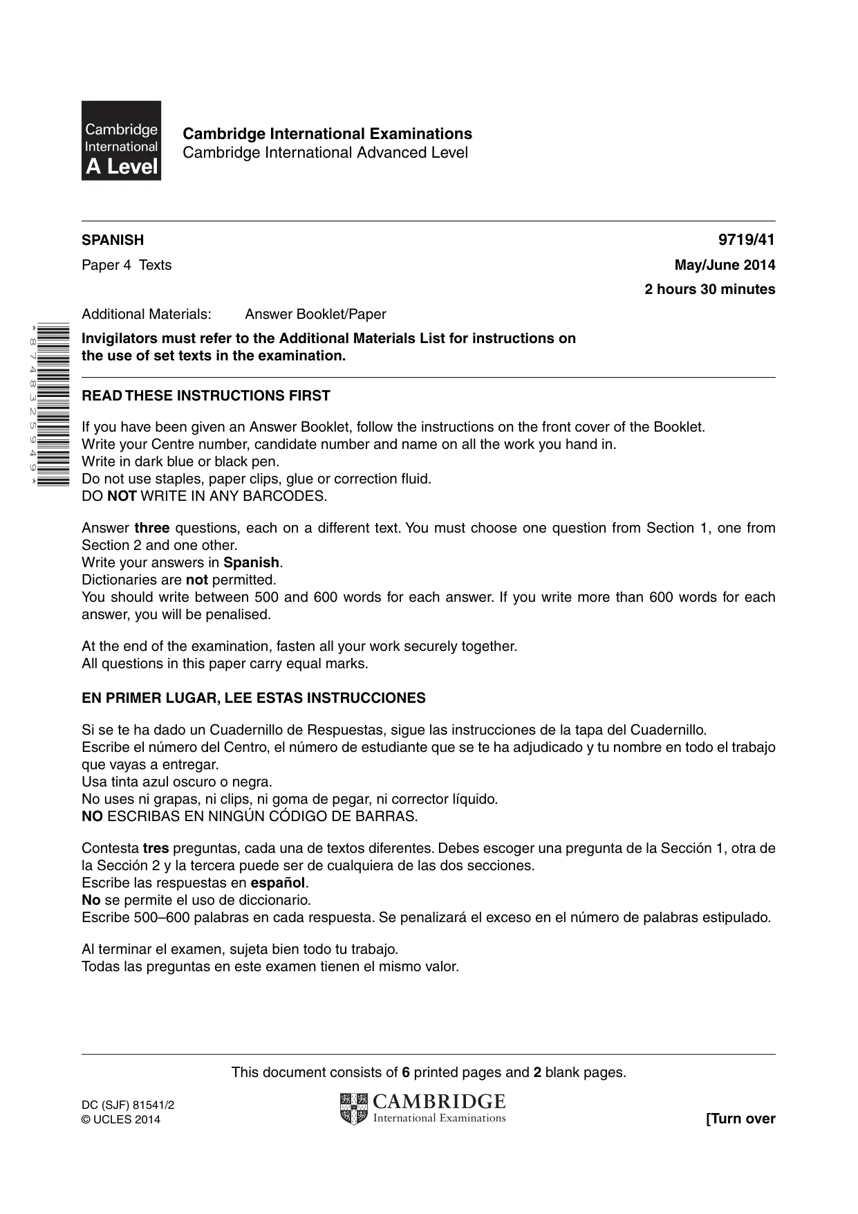 Cambridge A Level Spanish (A Level only) 9719 2014 May/June Paper 4 · Variant 1 question paper, page 1 of 8