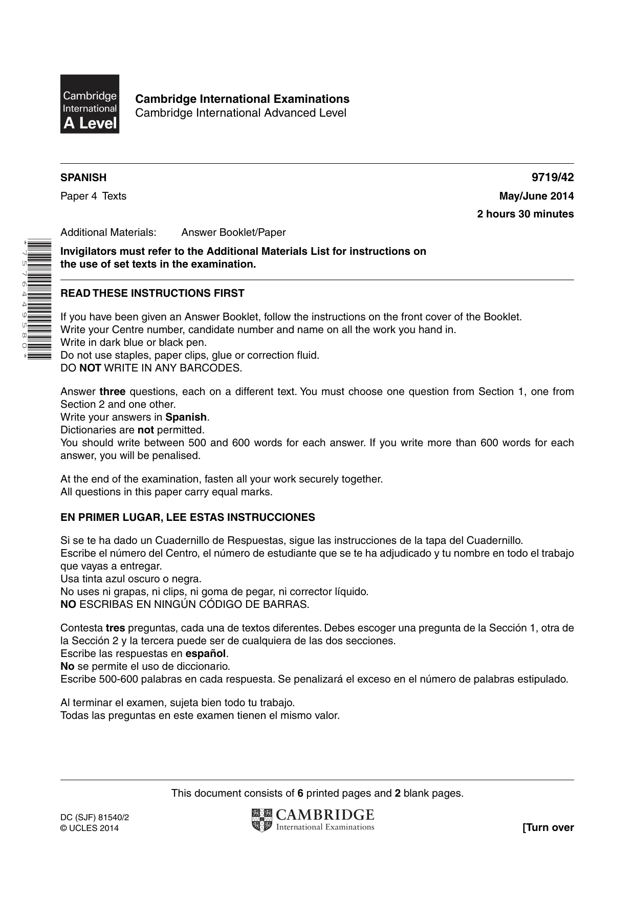 Cambridge A Level Spanish (A Level only) 9719 2014 May/June Paper 4 · Variant 2 question paper, page 1 of 8