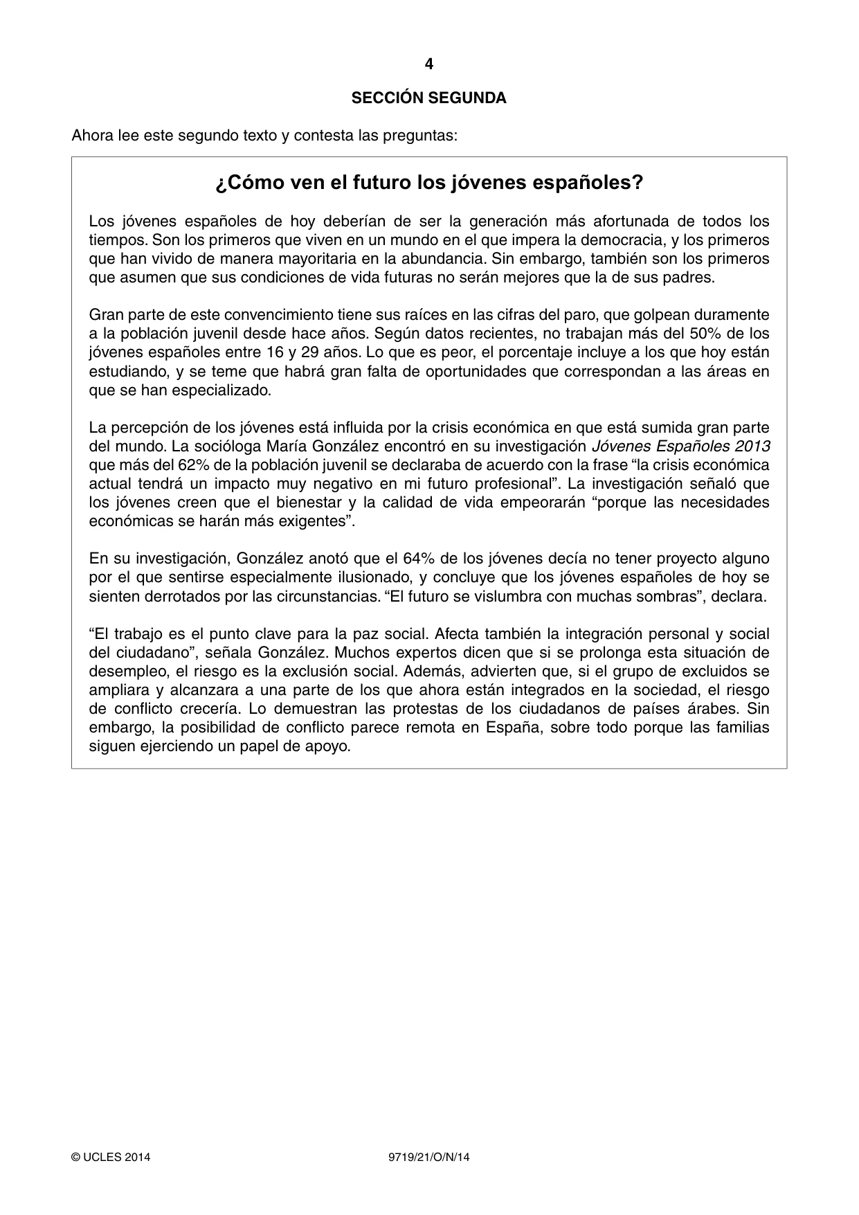 Cambridge A Level Spanish (A Level only) 9719 2014 Oct/Nov Paper 2 · Variant 1 question paper, page 4 of 8