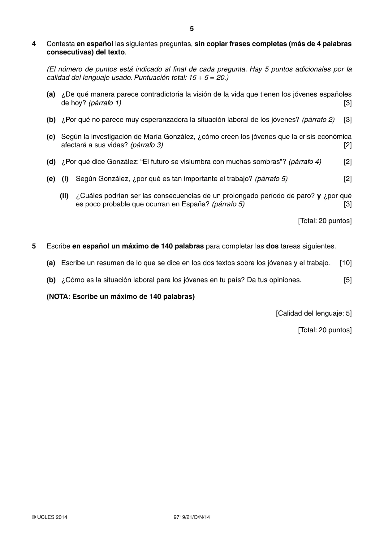 Cambridge A Level Spanish (A Level only) 9719 2014 Oct/Nov Paper 2 · Variant 1 question paper, page 5 of 8