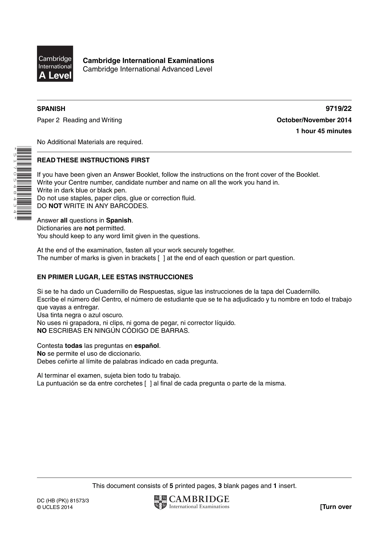 Cambridge A Level Spanish (A Level only) 9719 2014 Oct/Nov Paper 2 · Variant 2 question paper, page 1 of 8