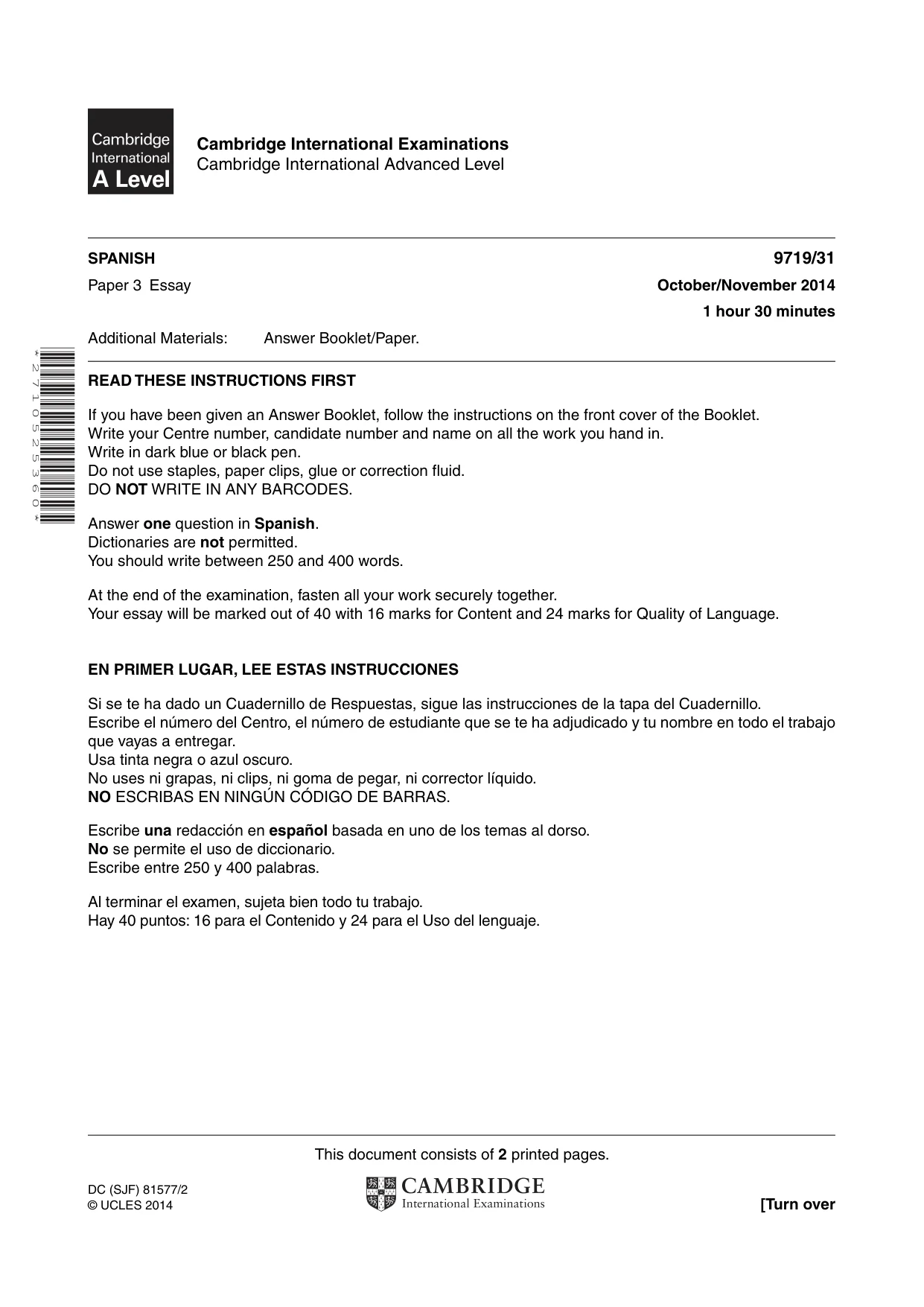 Cambridge A Level Spanish (A Level only) 9719 2014 Oct/Nov Paper 3 · Variant 1 question paper, page 1 of 2