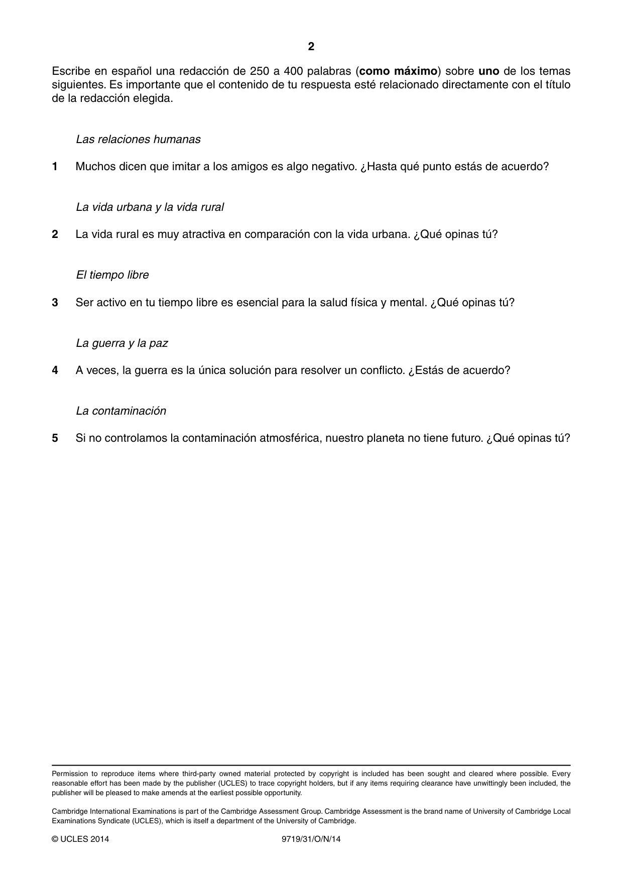 Cambridge A Level Spanish (A Level only) 9719 2014 Oct/Nov Paper 3 · Variant 1 question paper, page 2 of 2